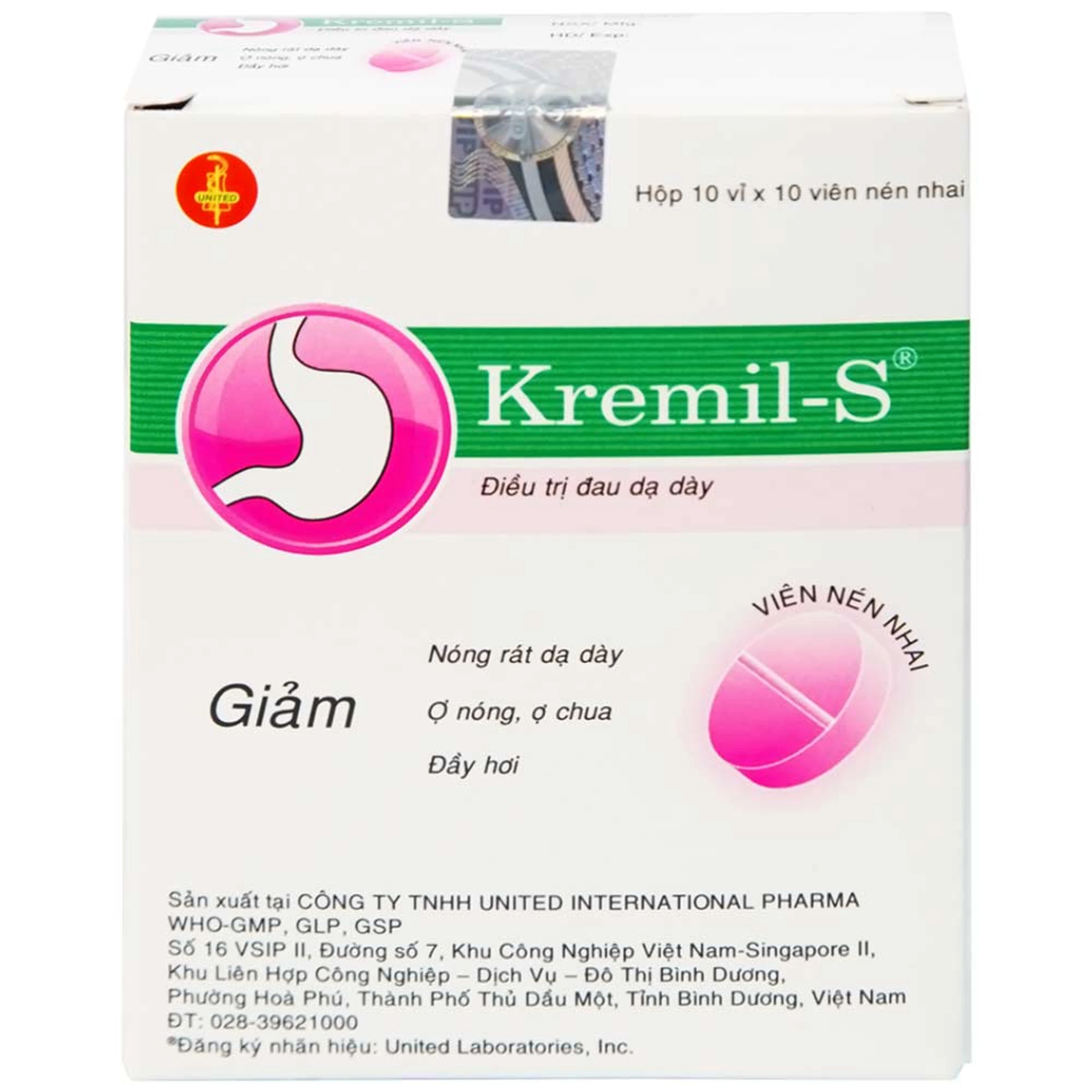 Viên nhai Kremil-S United điều trị đau dạ dày, giảm nóng rát dạ dày, ợ nóng, ợ chua (10 vỉ x 10 viên)