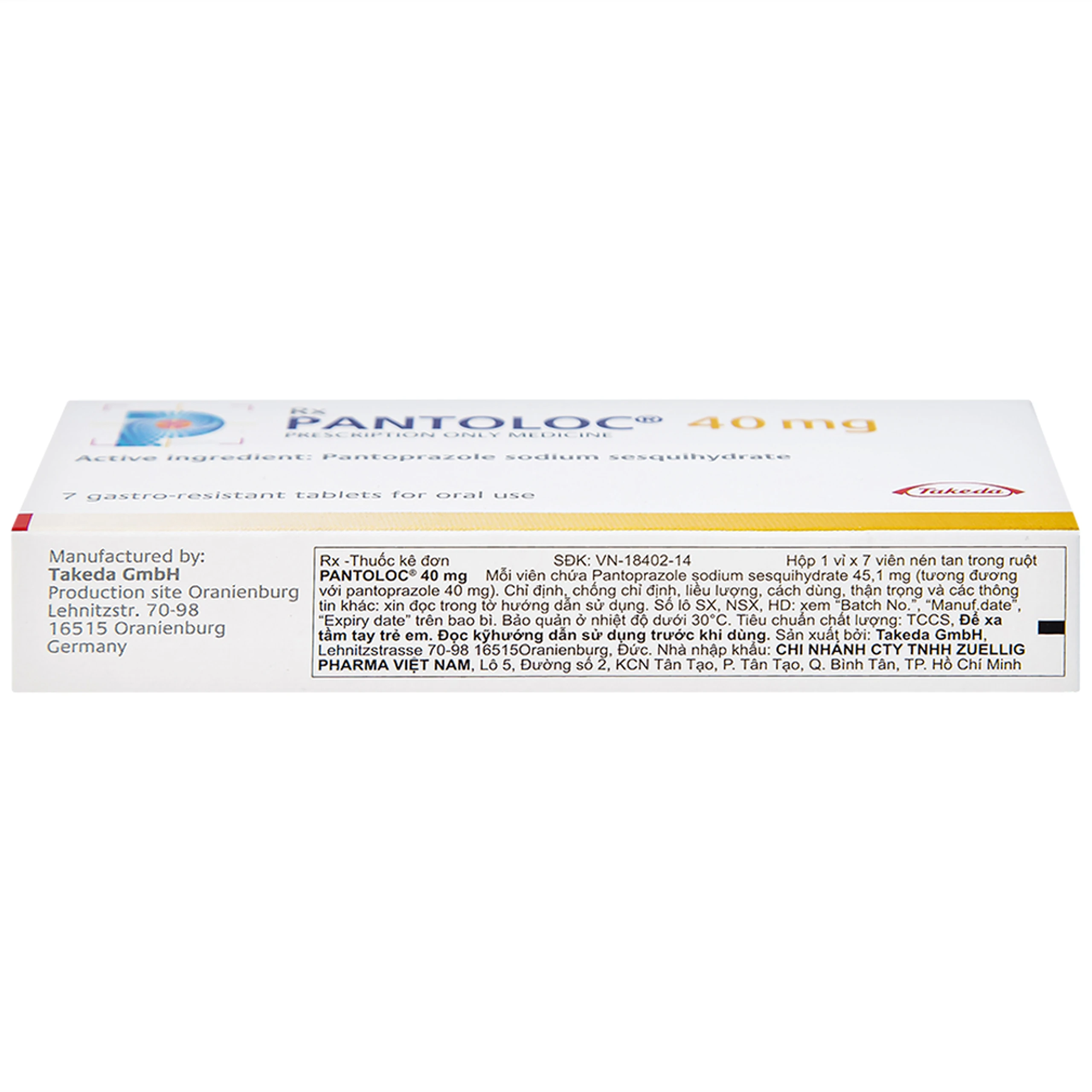 Viên nén Pantoloc 40mg Takeda điều trị viêm thực quản trào ngược (1 vỉ x 7 viên) 