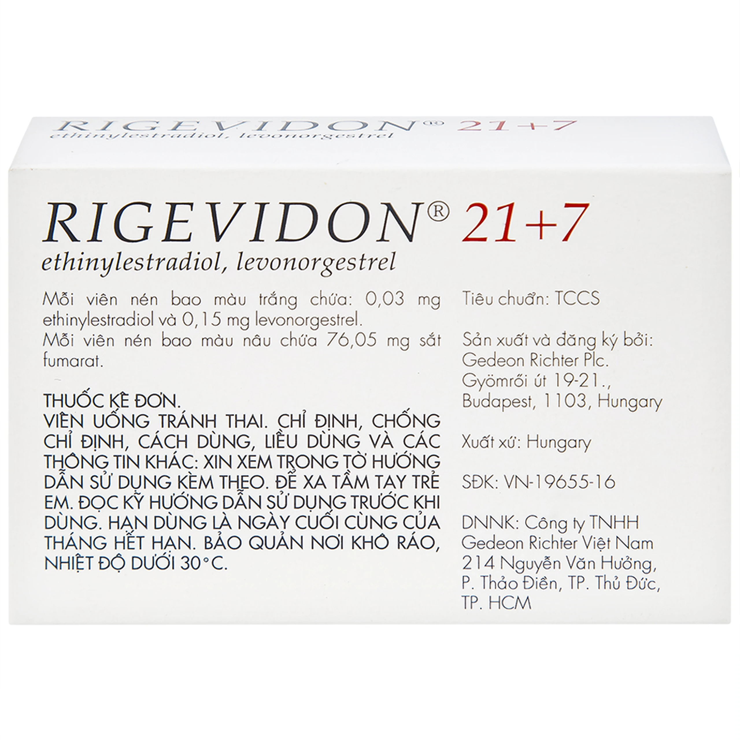 Thuốc Rigevidon 21+7 Gedeon dùng cho tránh thai (3 vỉ x 28 viên) 