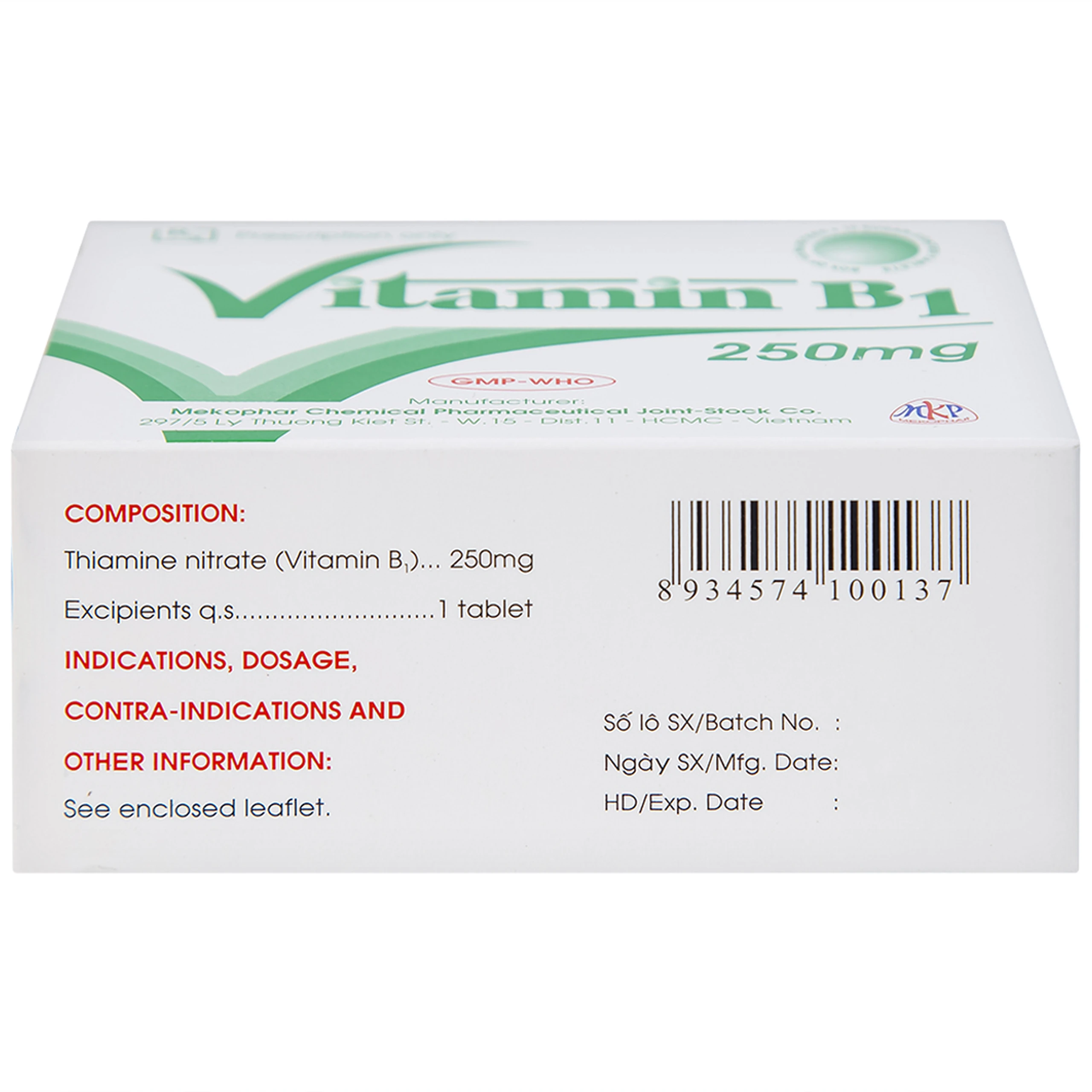 Thuốc Vitamin B1 250mg Mekophar điều trị tình trạng thiếu Vitamin B (10 vỉ x 10 viên)