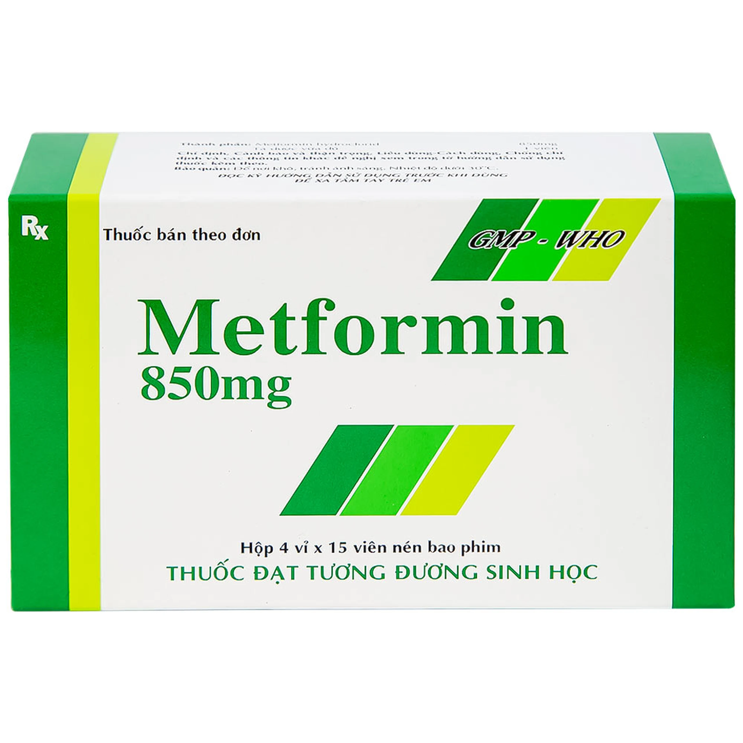 Viên nén Metformin 850mg Tipharco điều trị đái tháo đường không phụ thuộc insulin típ 2 (4 vỉ x 15 viên) 