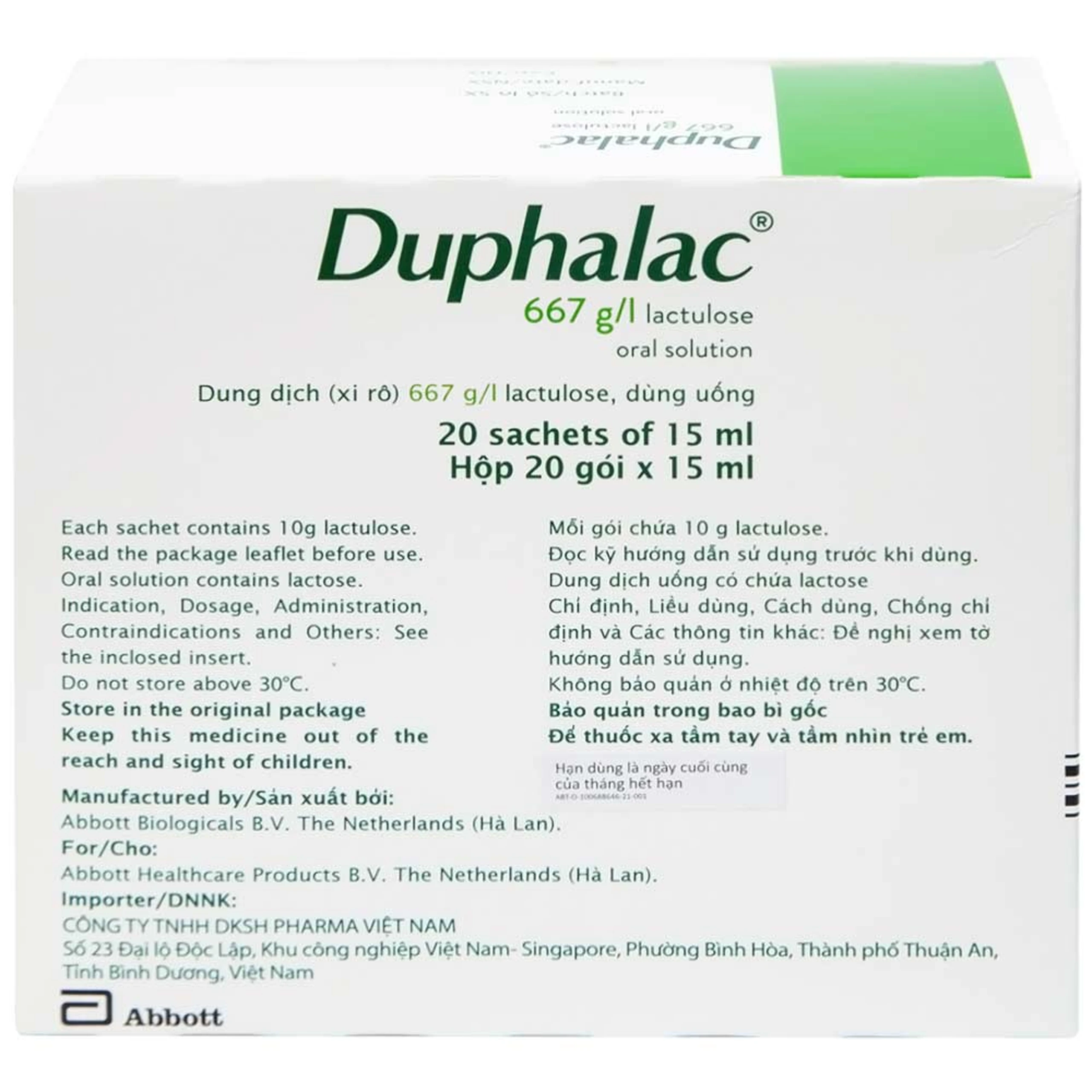 Duphalac (Lactulose) điều trị táo bón hiệu quả và tăng cường lợi khuẩn ruột (20 gói x 15ml)