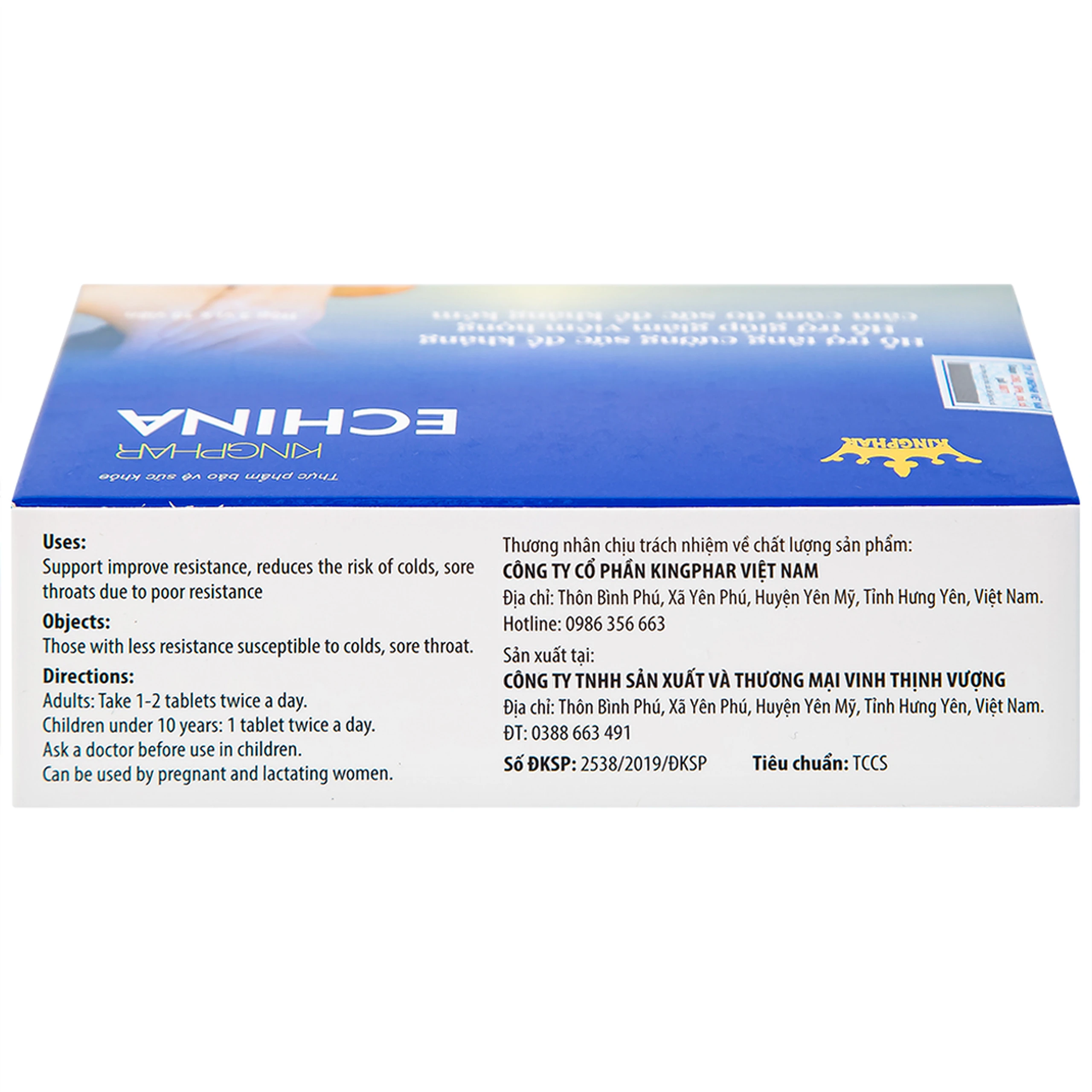 Viên uống hỗ trợ tăng cường sức đề kháng, giúp giảm nguy cơ cảm cúm, viêm họng Echina Kingphar (3 vỉ x 10 viên)
