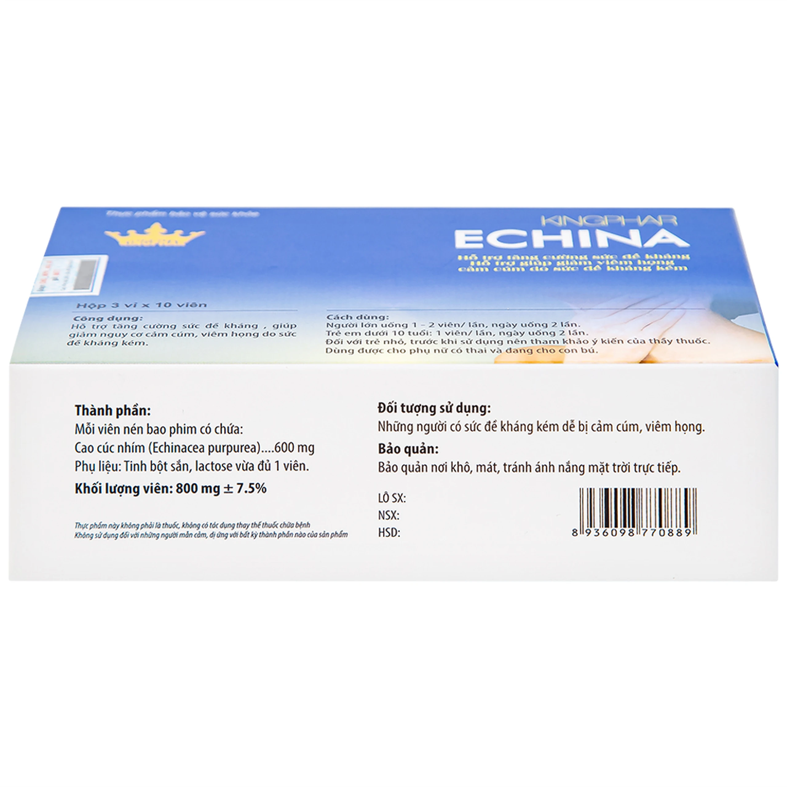 Viên uống hỗ trợ tăng cường sức đề kháng, giúp giảm nguy cơ cảm cúm, viêm họng Echina Kingphar (3 vỉ x 10 viên)
