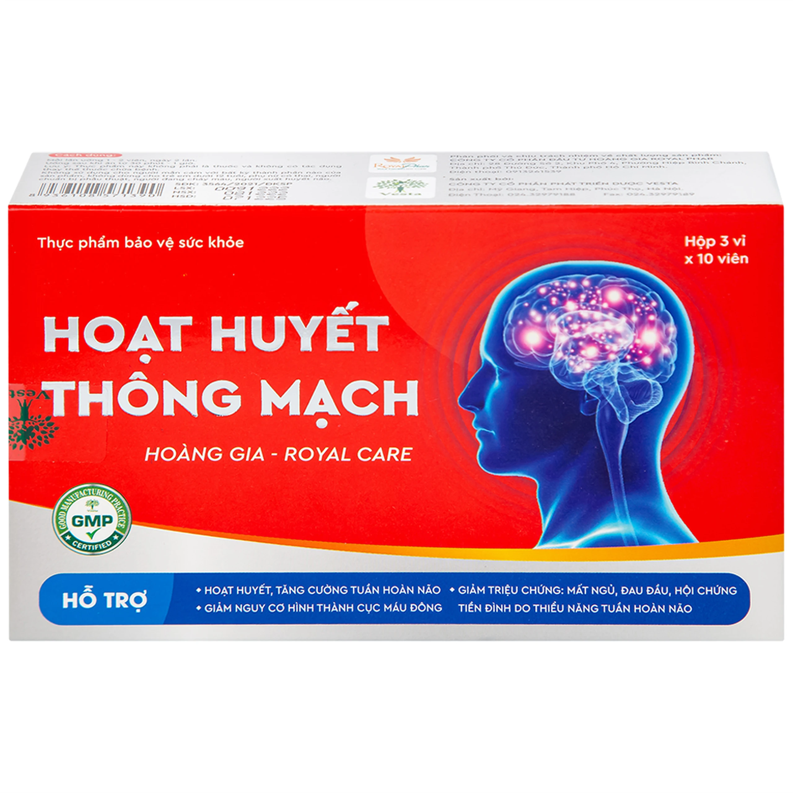 Viên uống giúp hoạt huyết, tăng cường tuần hoàn não Hoạt Huyết Thông Mạch Hoàng Gia Royal Care (3 vỉ x 10 viên)