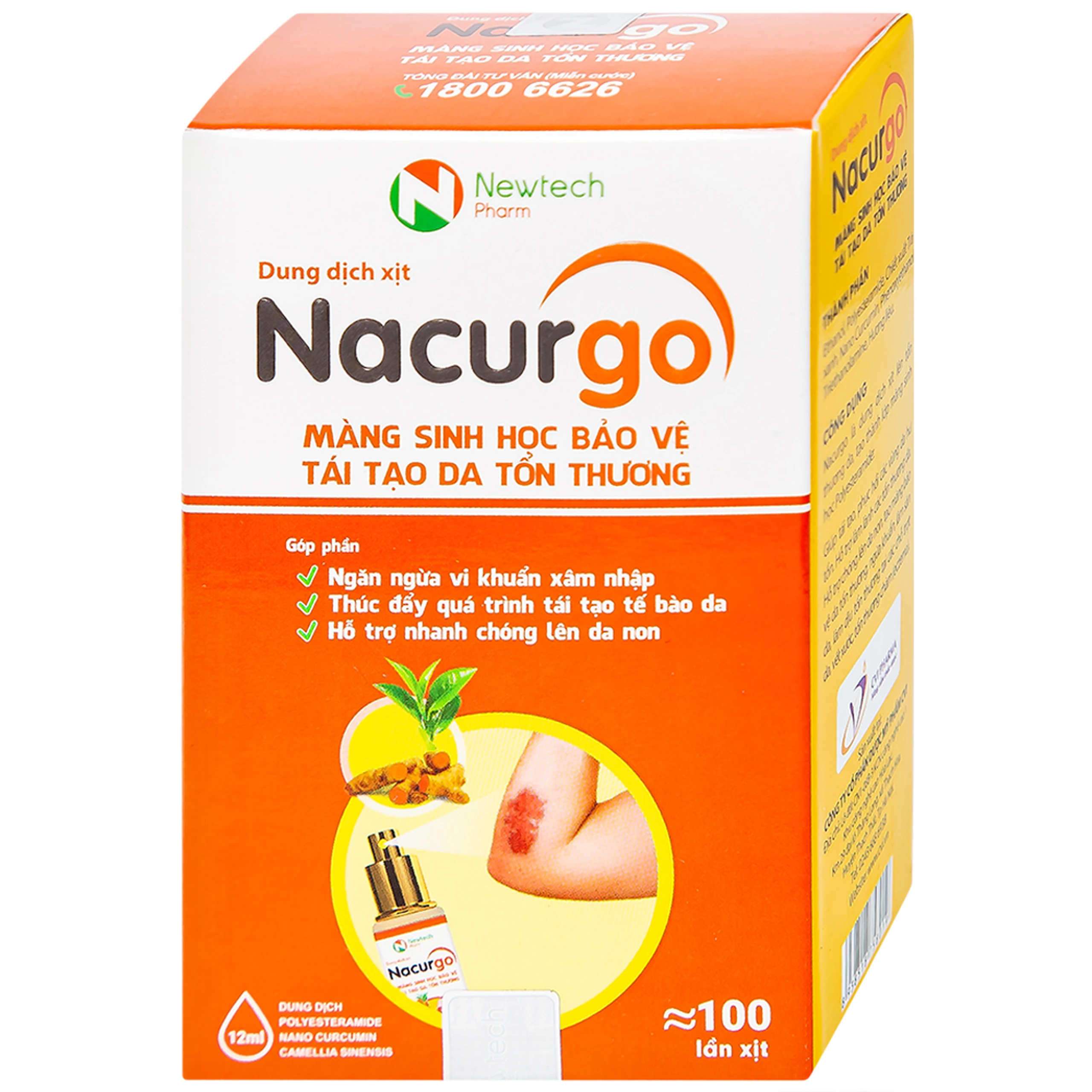 Dung dịch xịt tạo màng sinh học Nacurgo Newtech bảo vệ da tổn thương 12ml