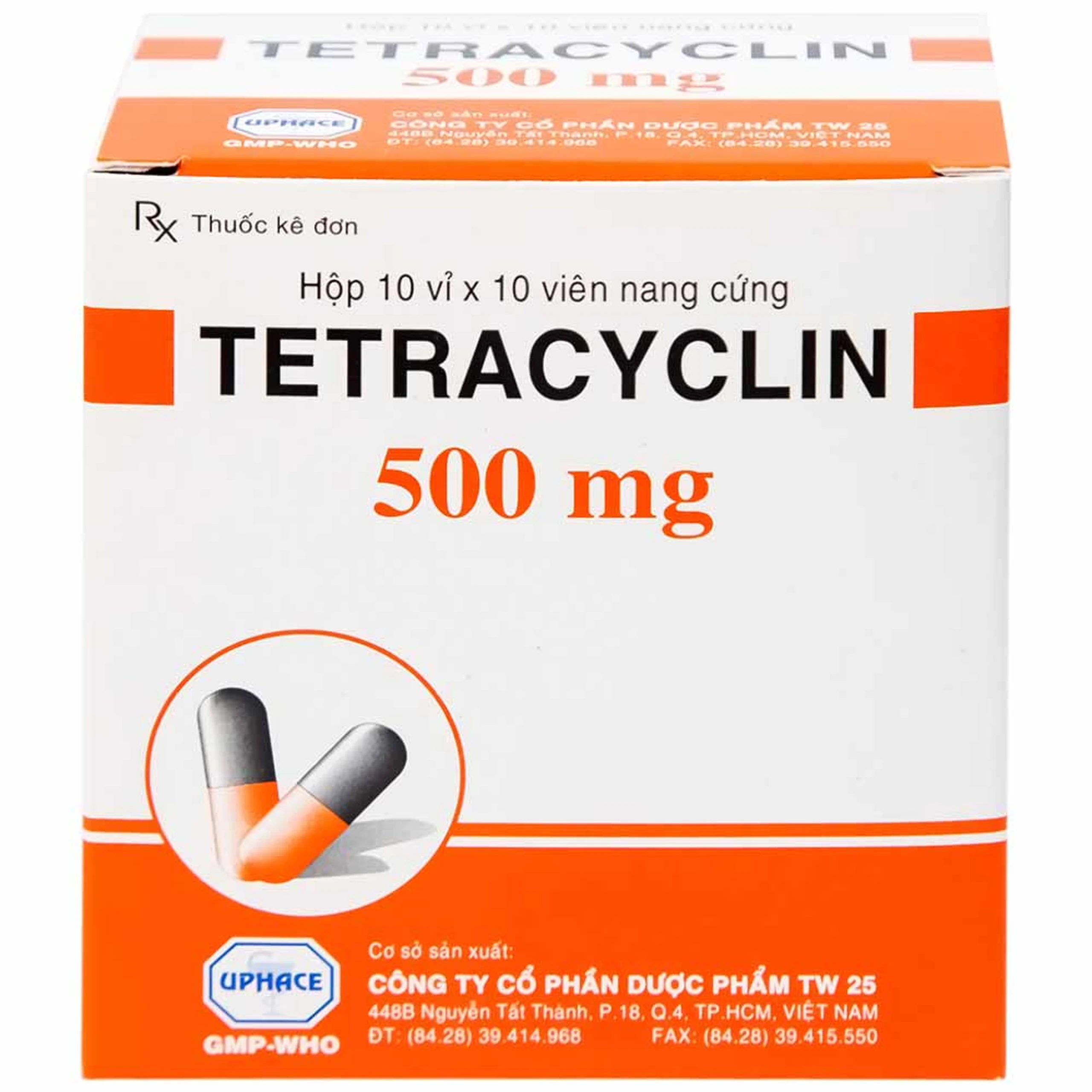 Thuốc  Tetracyclin 500mg Uphace điều trị nhiễm khuẩn đường hô hấp (10 vỉ x 10 viên)