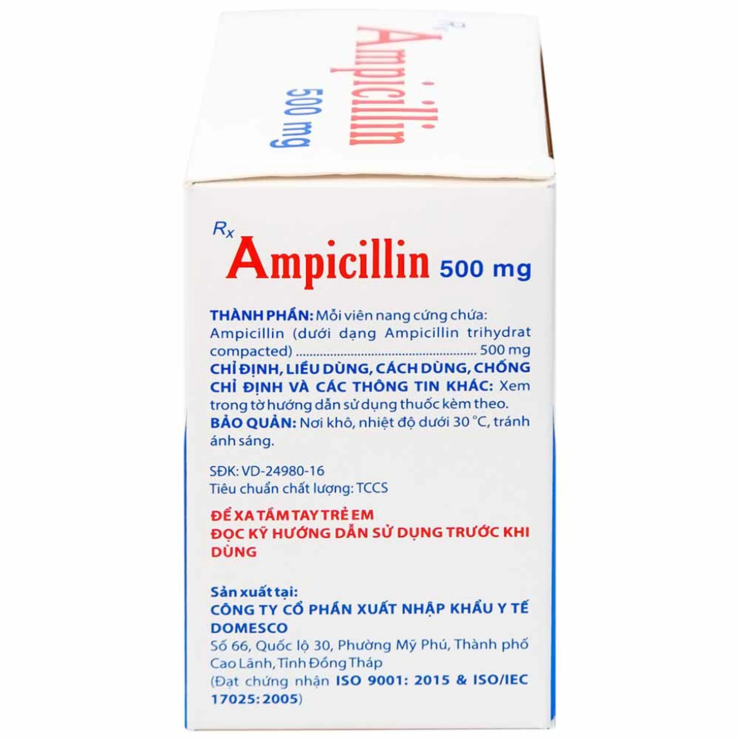 Thuốc Ampicillin 500mg Domesco điều trị nhiễm khuẩn (10 vỉ x 10 viên)