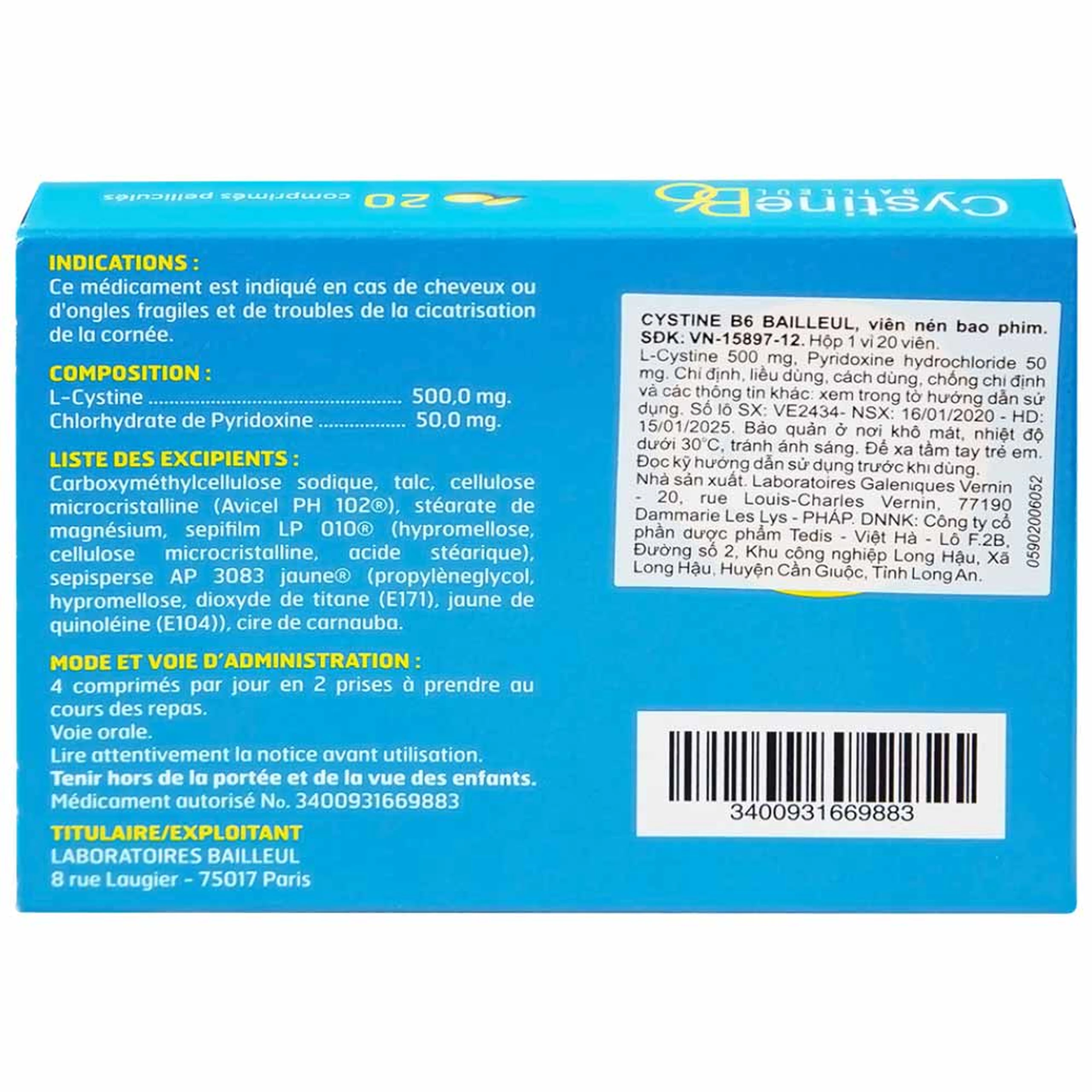Thuốc Cystine B6 500mg Galeniques Vernin điều trị các bệnh lý liên quan đến tóc và loạn dưỡng móng (20 viên)