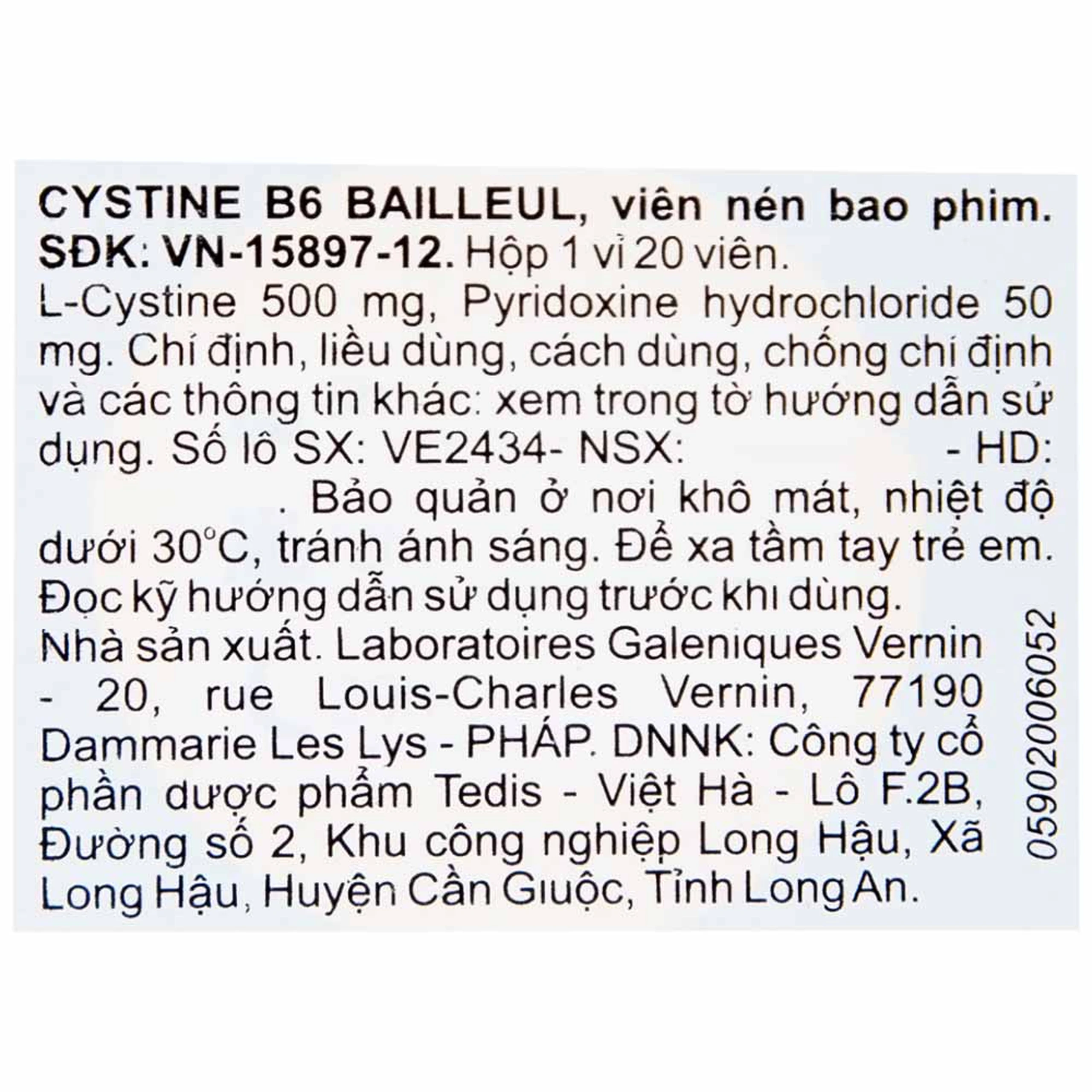 Thuốc Cystine B6 500mg Galeniques Vernin điều trị các bệnh lý liên quan đến tóc và loạn dưỡng móng (20 viên)