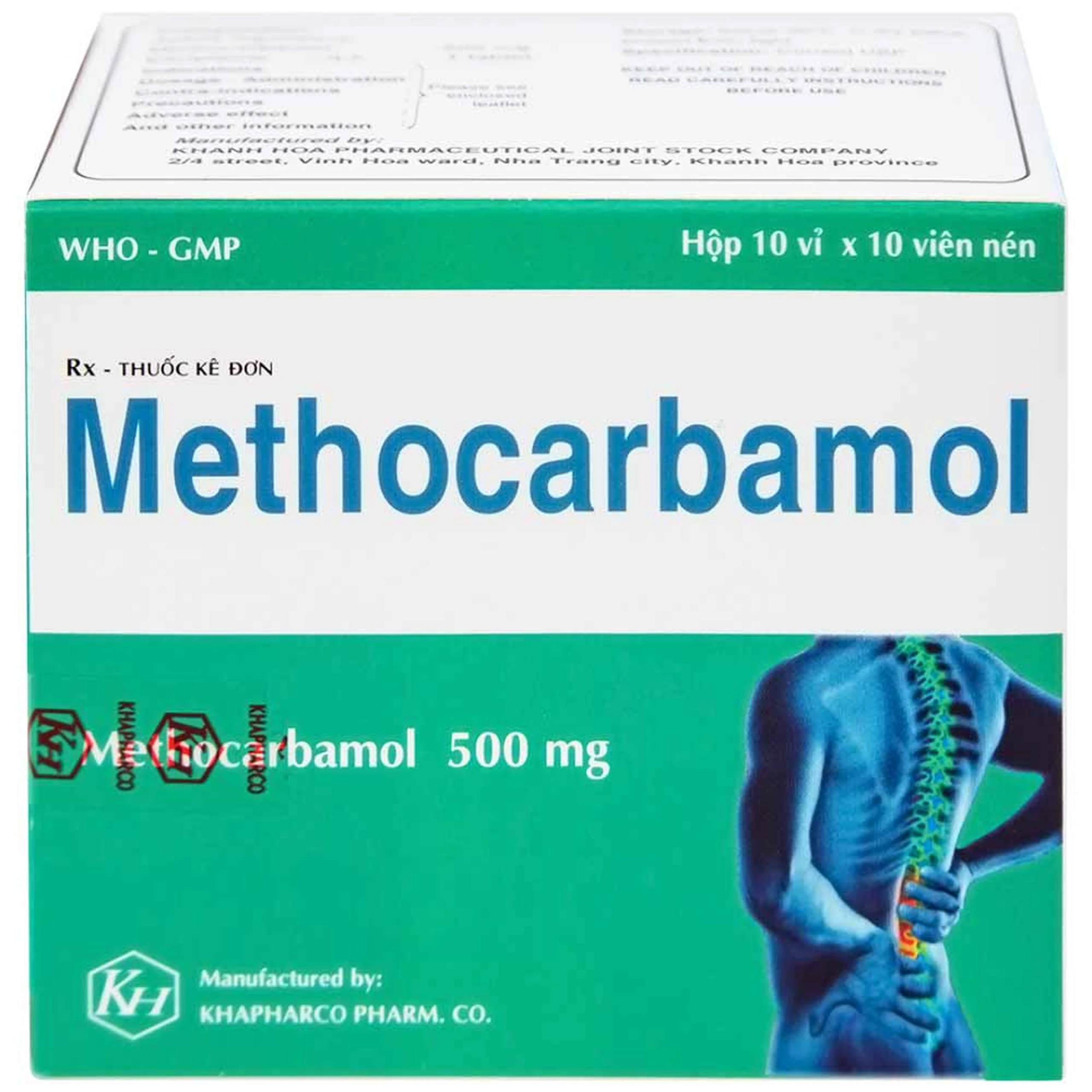 Viên nén Methocarbamol 500mg Khapharco điều trị ngắn hạn cơn đau, co thắt cơ, bong gân (10 vỉ x 10 viên)