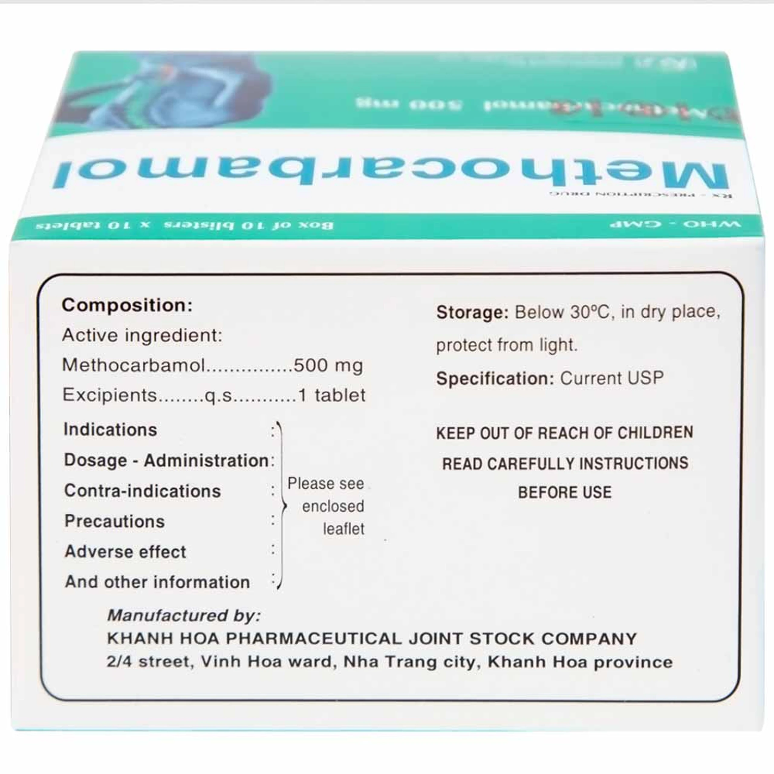 Viên nén Methocarbamol 500mg Khapharco điều trị ngắn hạn cơn đau, co thắt cơ, bong gân (10 vỉ x 10 viên)