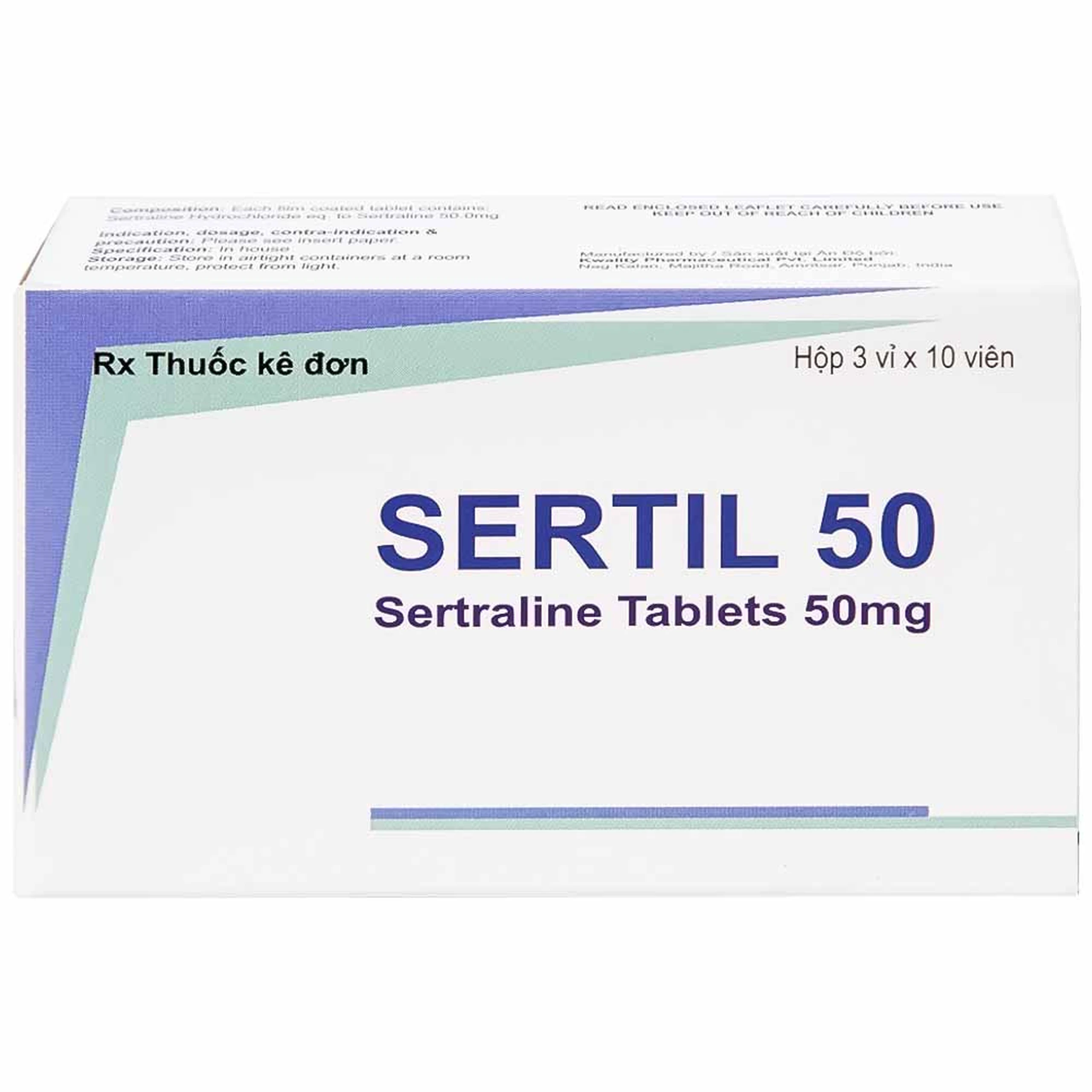 Thuốc Sertil 50 Kwality Pharmaceutical điều trị bệnh trầm cảm, hội chứng hoảng sợ (3 vỉ x 10 viên)