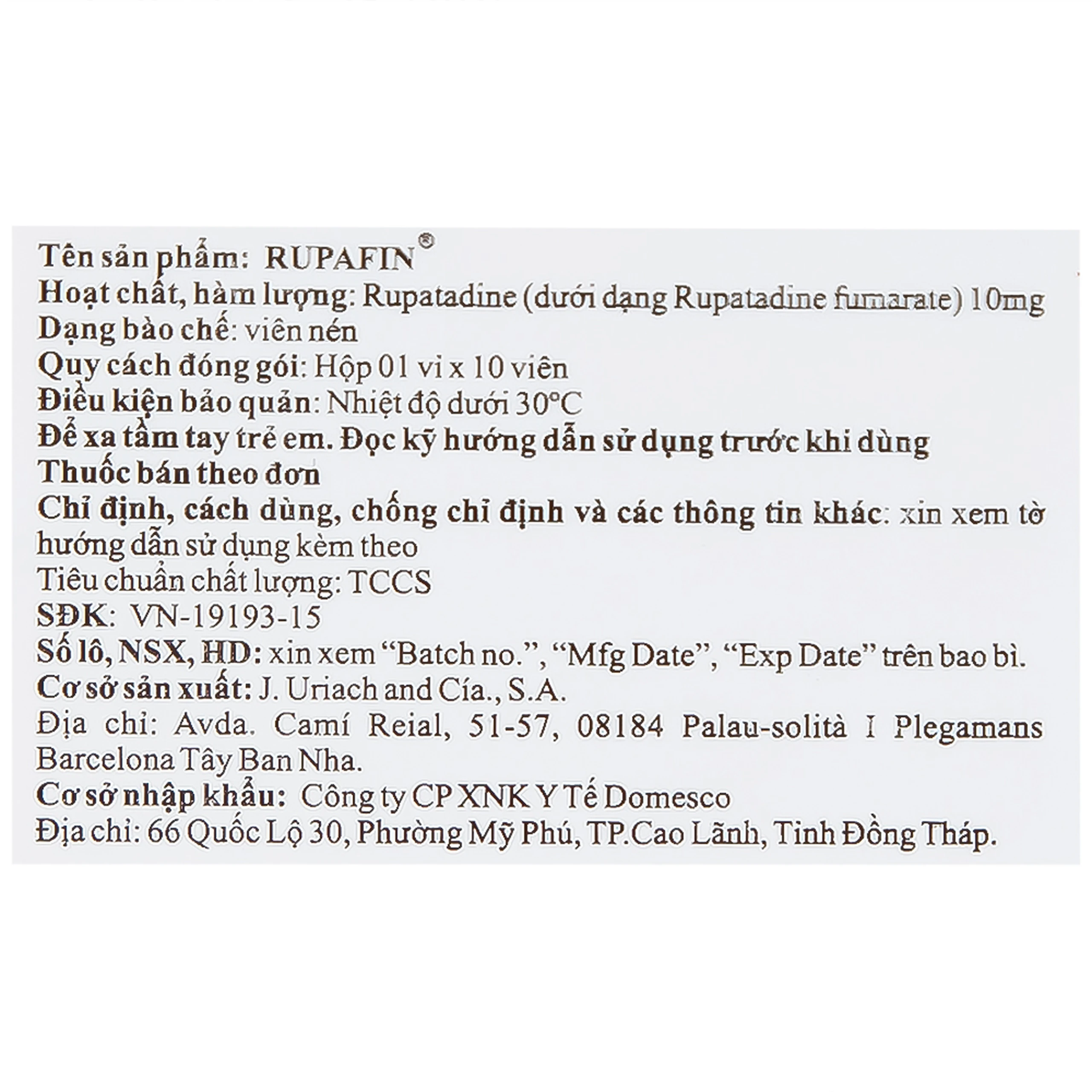 Thuốc Rupafin 10mg Hyphens điều trị viêm mũi dị ứng, nổi mày đay (1 vỉ x 10 viên)