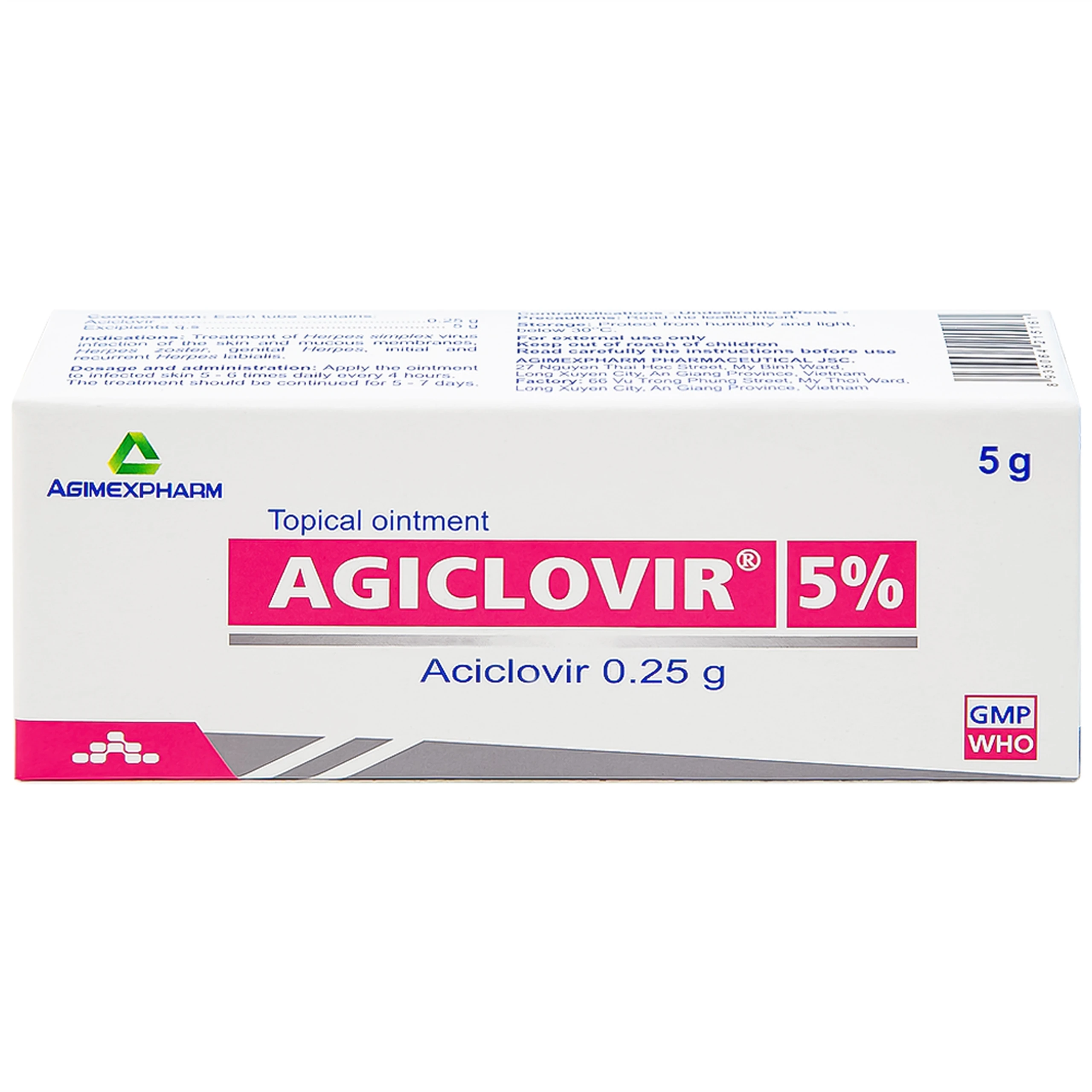 Thuốc mỡ bôi da Agiclovir 5% Agimexpharm điều trị nhiễm Herpes simplex, Herpes zoster, Herpes sinh dục (5g)