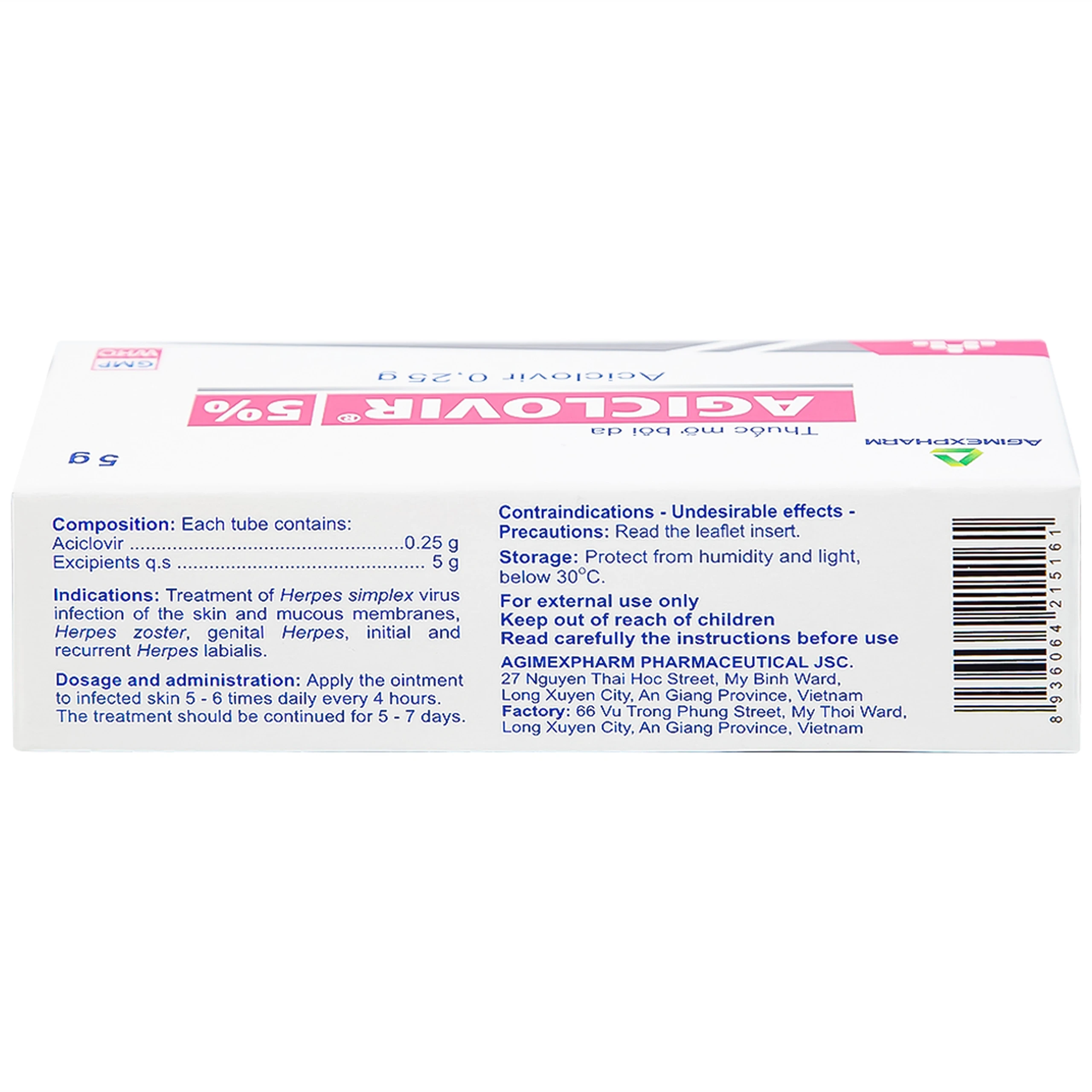 Thuốc mỡ bôi da Agiclovir 5% Agimexpharm điều trị nhiễm Herpes simplex, Herpes zoster, Herpes sinh dục (5g)