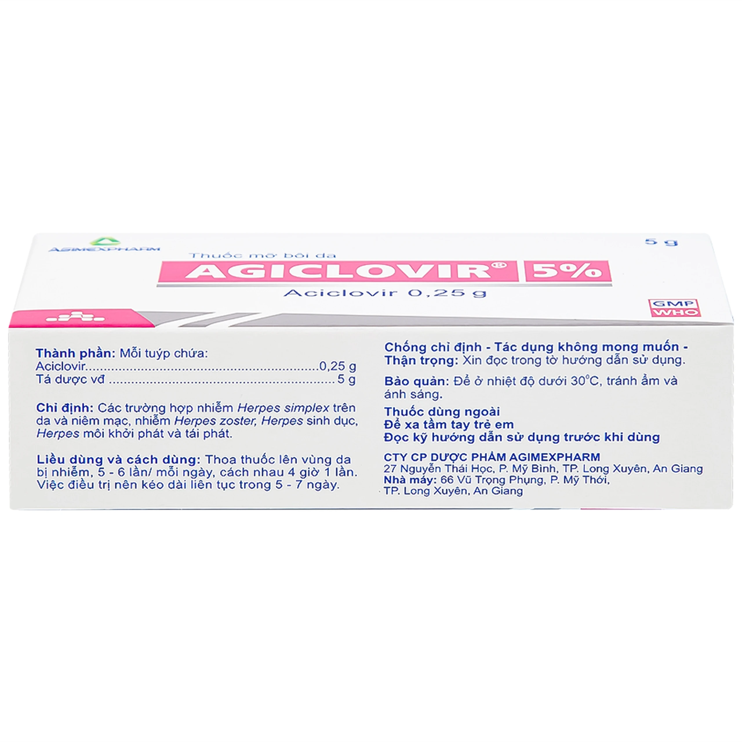 Thuốc mỡ bôi da Agiclovir 5% Agimexpharm điều trị nhiễm Herpes simplex, Herpes zoster, Herpes sinh dục (5g)