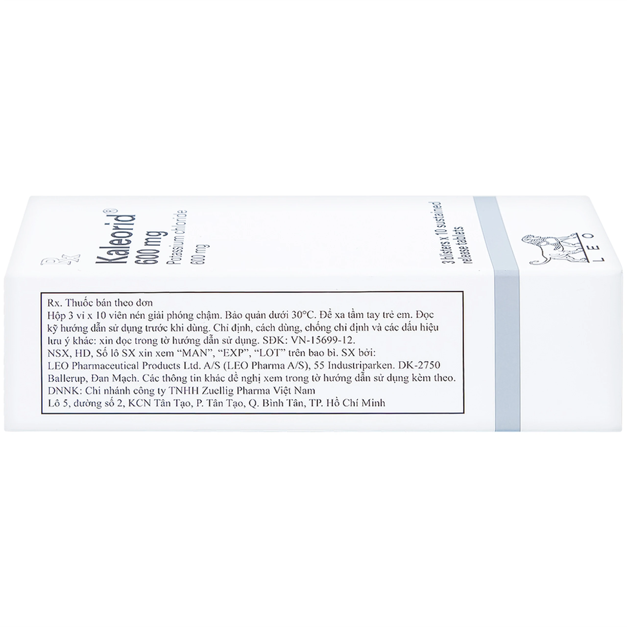 Viên nén Kaleorid 600mg LEO phòng ngừa và điều trị giảm kali huyết (3 vỉ x 10 viên) 