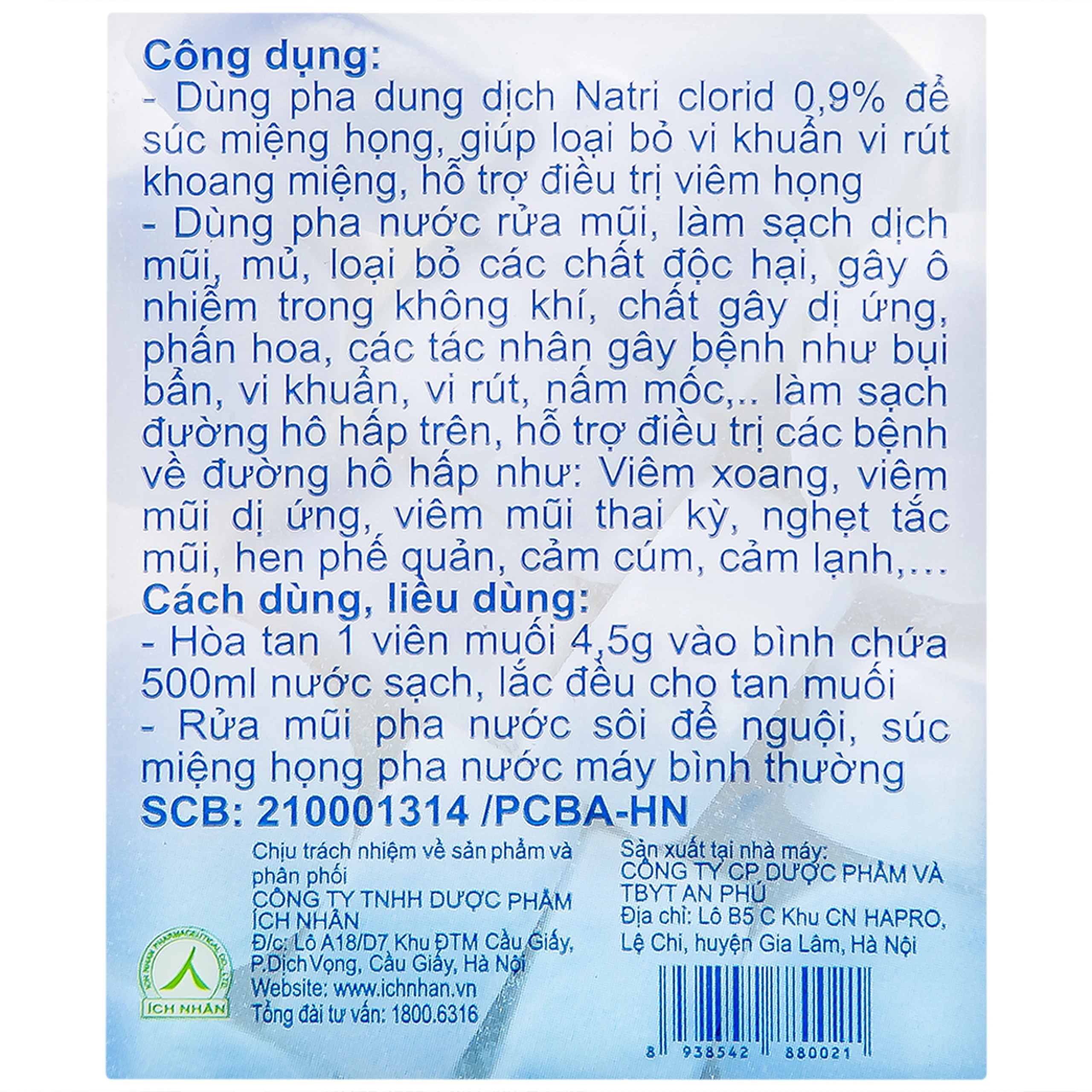 Muối y tế Ích Nhân (50 viên x 4.5g) dùng pha nước súc miệng, họng, rửa mũi