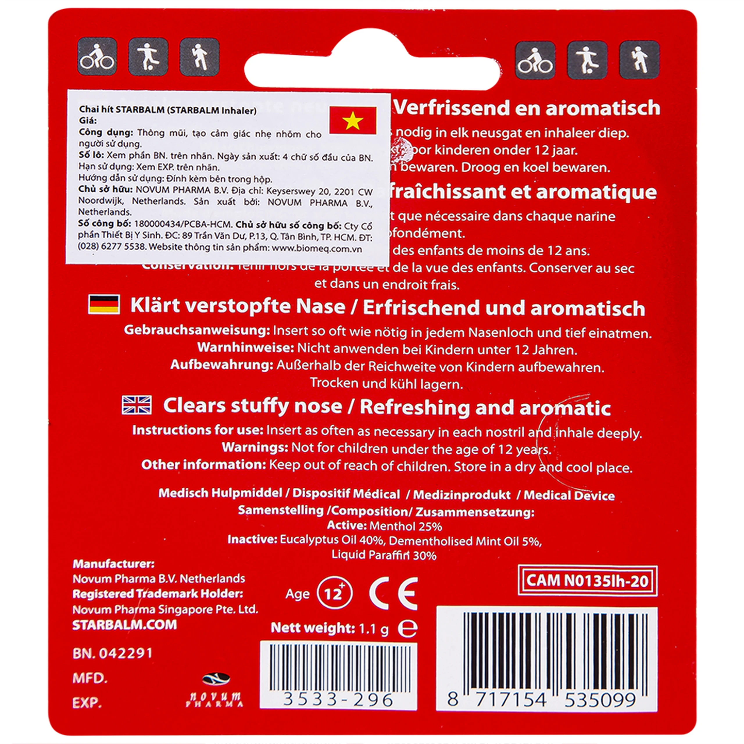 Ống hít Starbalm sports inhaler 1.1g giúp thông mũi, giảm nghẹt mũi