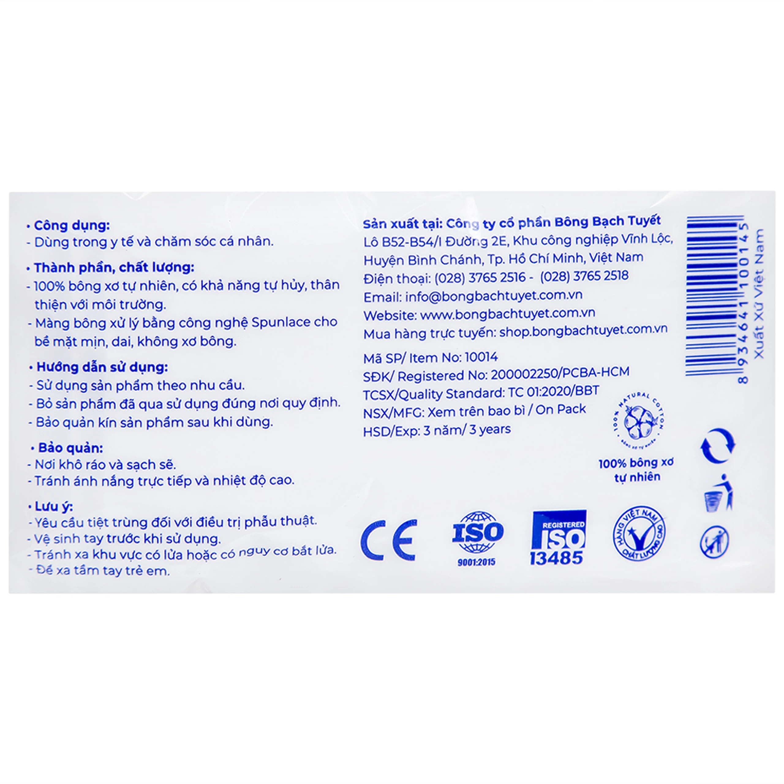 Bông cuộn thấm nước Bạch Tuyết 45g vệ sinh cá nhân và y tế