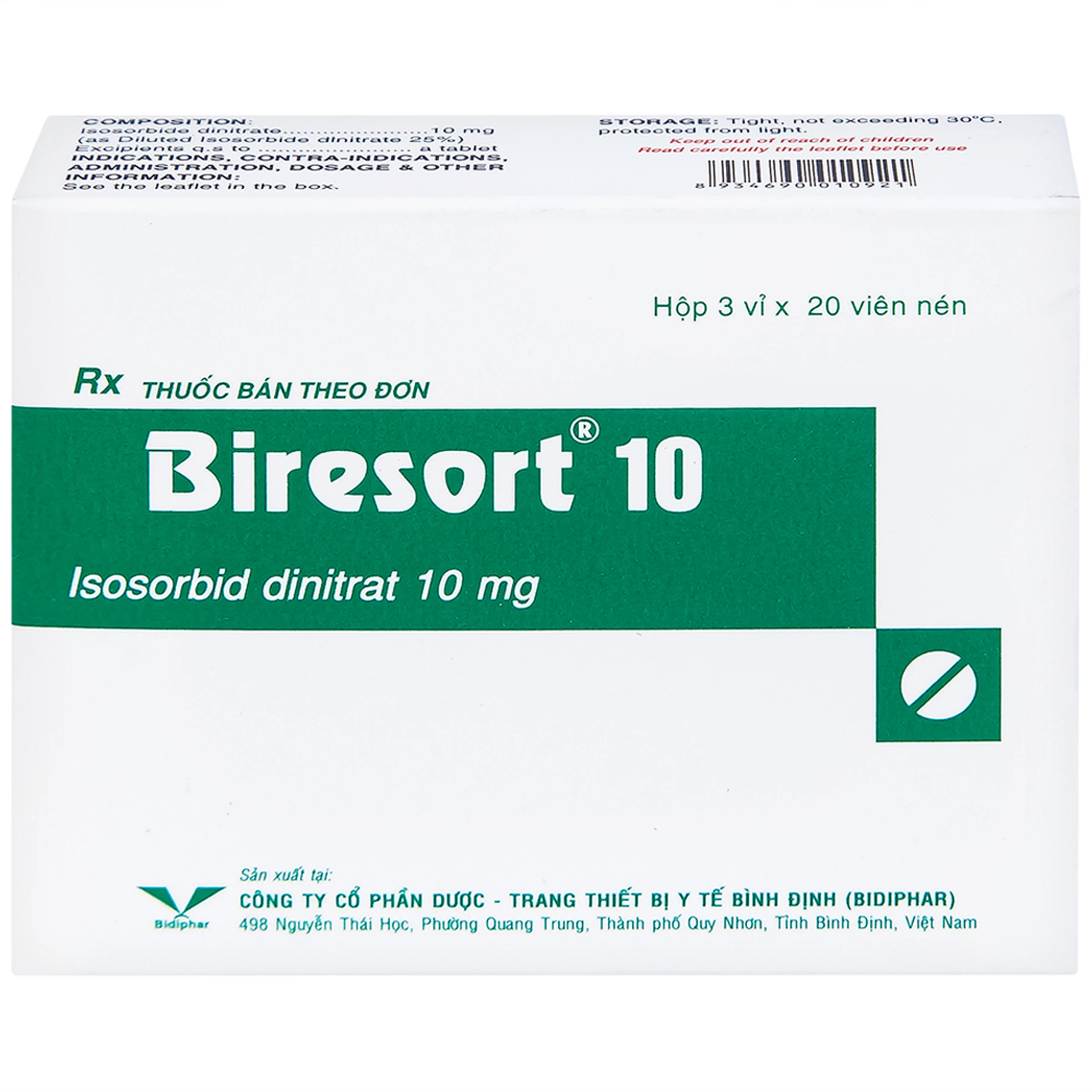 Thuốc Biresort 10 Bidiphar phòng và điều trị cơn đau thắt ngực, suy tim sung huyết (3 vỉ x 20 viên)