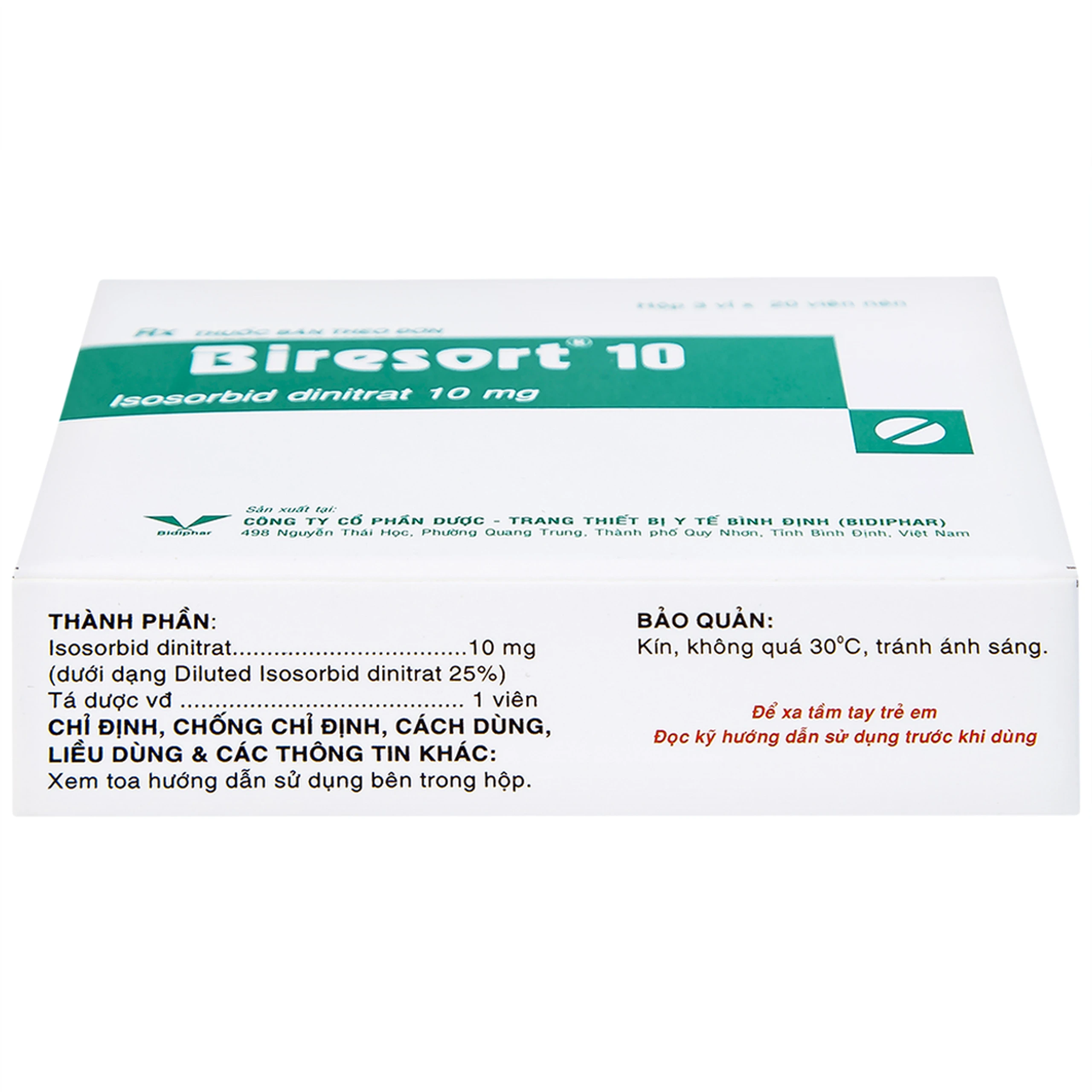 Thuốc Biresort 10 Bidiphar phòng và điều trị cơn đau thắt ngực, suy tim sung huyết (3 vỉ x 20 viên)