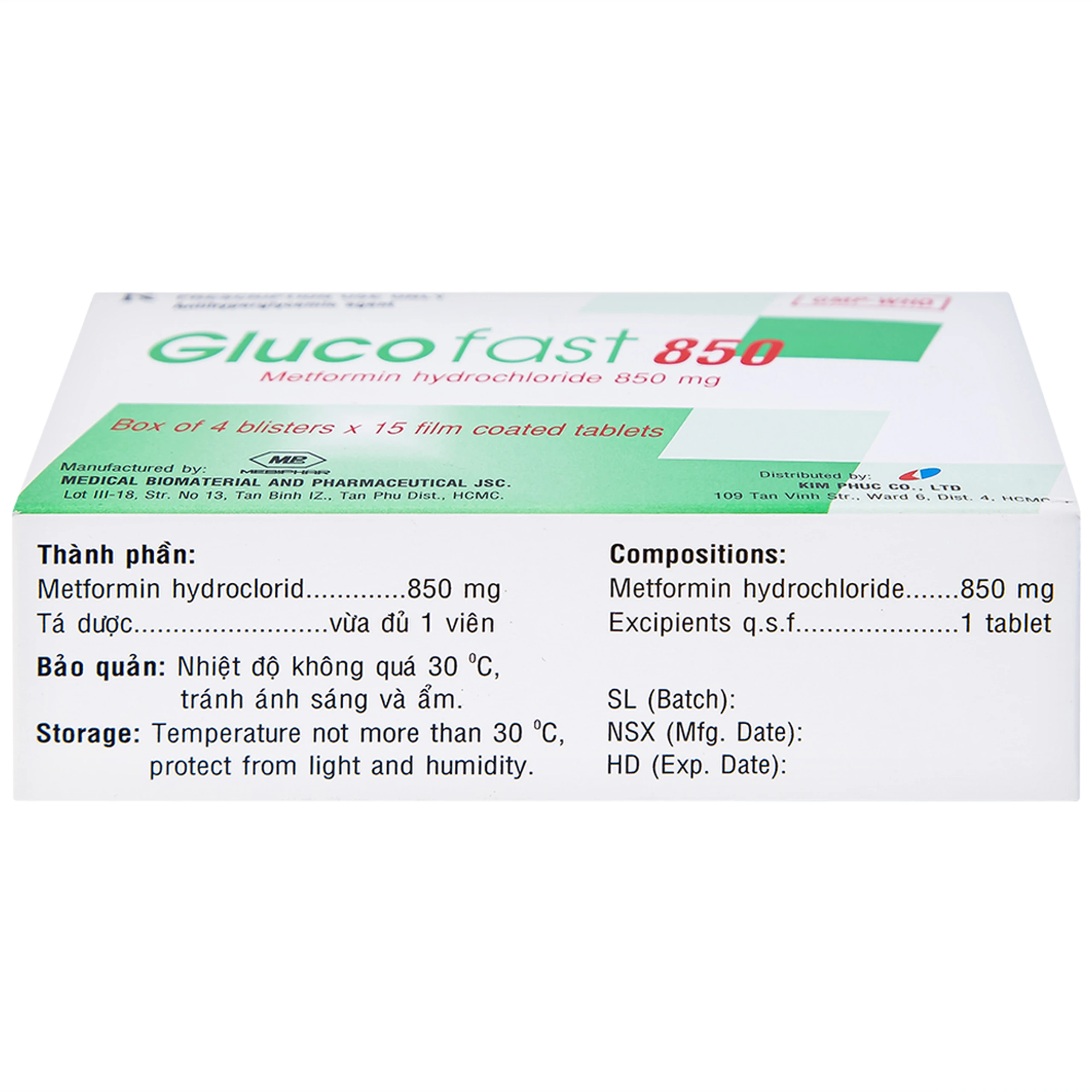 Thuốc Glucofast 850 Mebiphar điều trị tiểu đường típ 2 (4 vỉ x 15 viên)