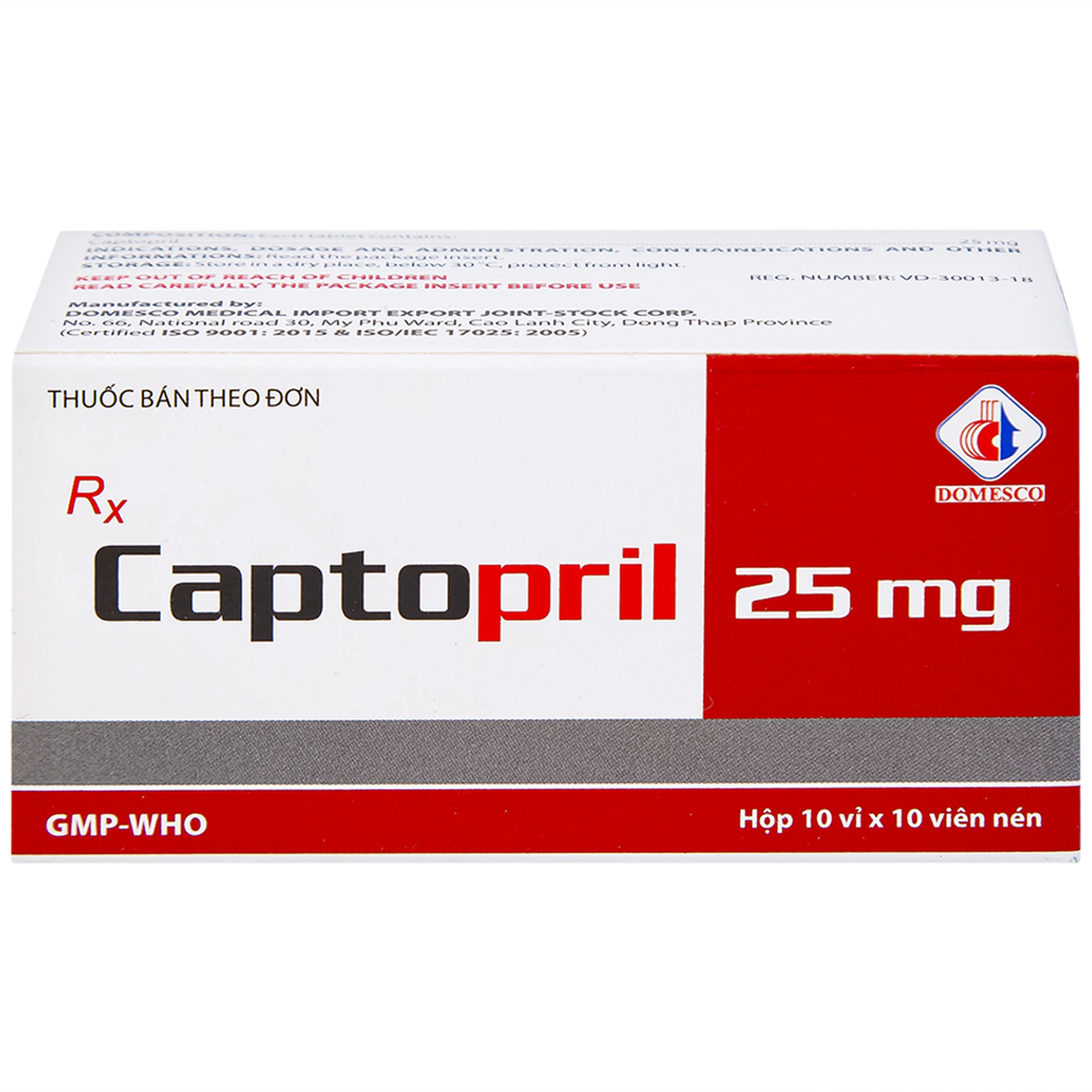 Thuốc Captopril 25mg Domesco điều trị tăng huyết áp, suy tim, nhồi máu cơ tim (10 vỉ x 10 viên) 