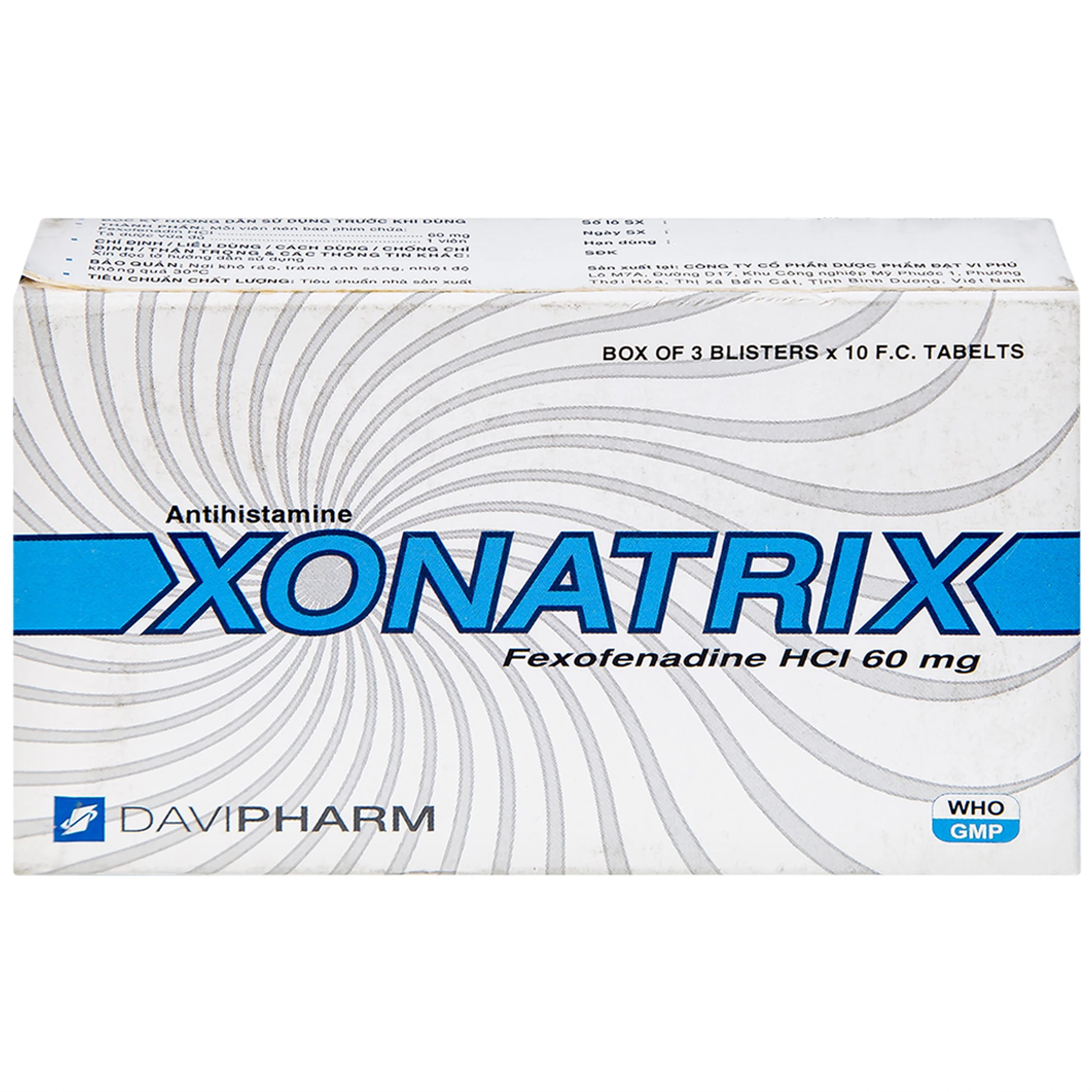 Thuốc Xonatrix 60mg DaviPharm điều trị triệu chứng viêm mũi dị ứng theo mùa (3 vỉ x 10 viên)