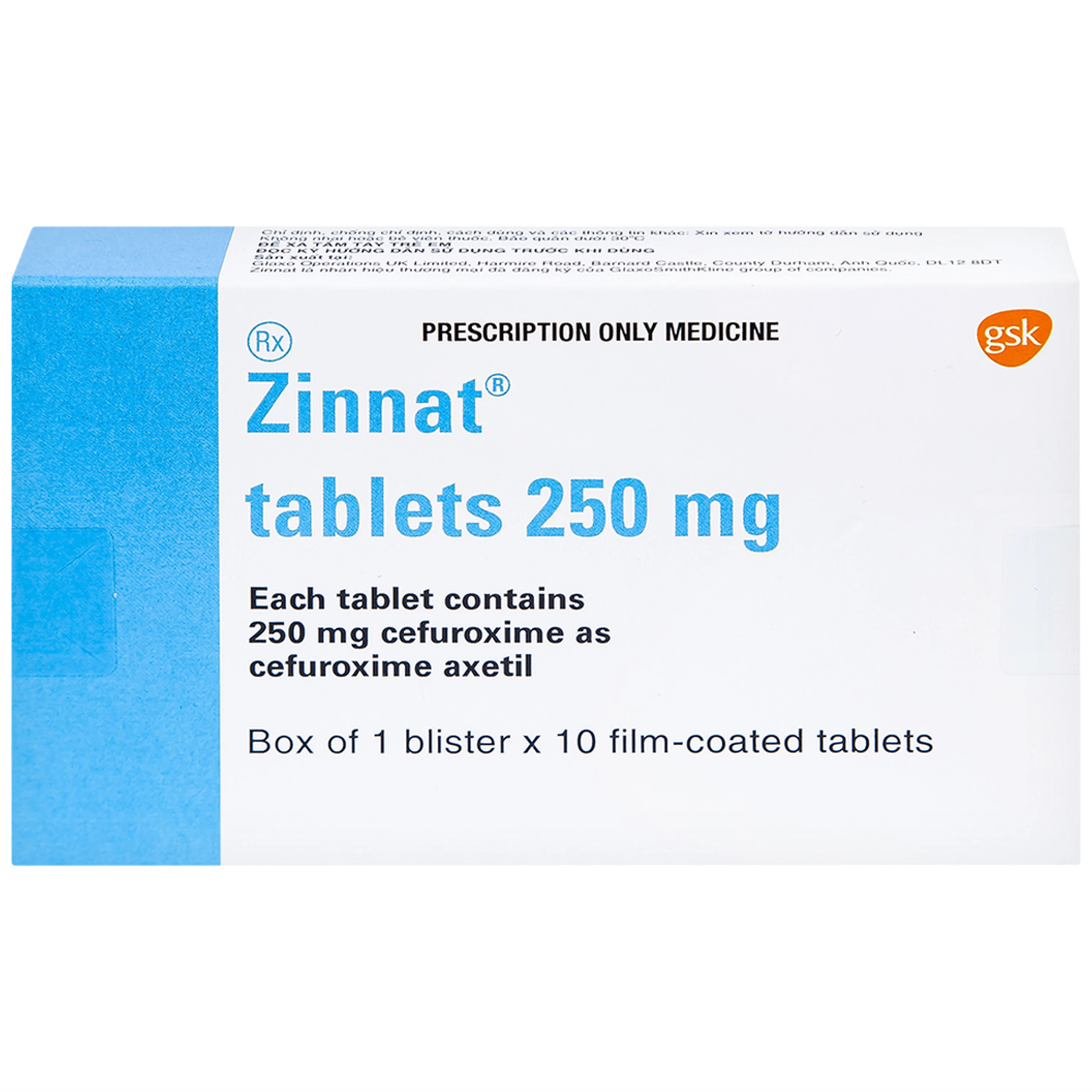 Thuốc Zinnat 250mg GSK điều trị nhiễm khuẩn (1 vỉ x 10 viên)