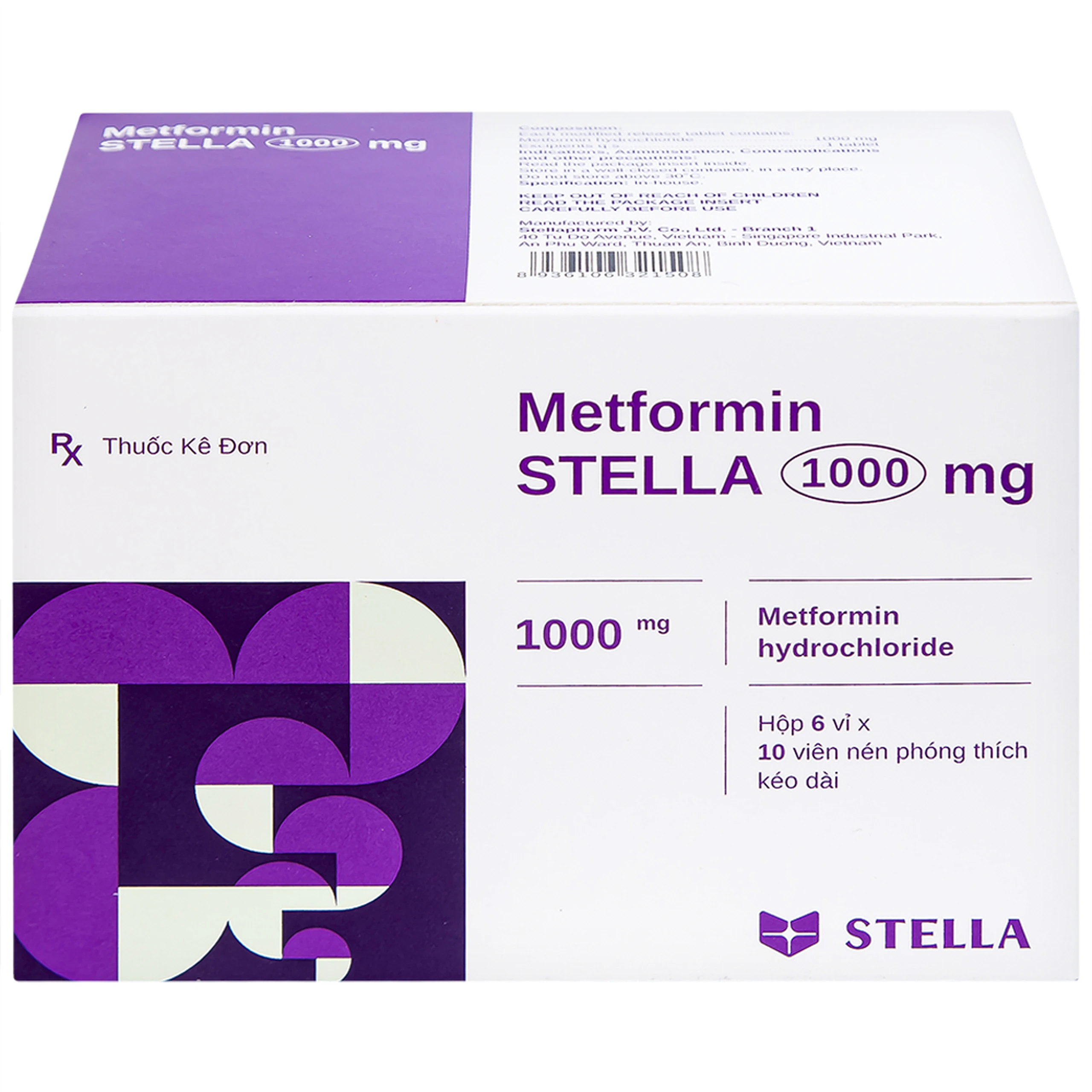 Thuốc Metformin Stella 1000mg điều trị đái tháo đường típ 2 (6 vỉ x 10 viên)