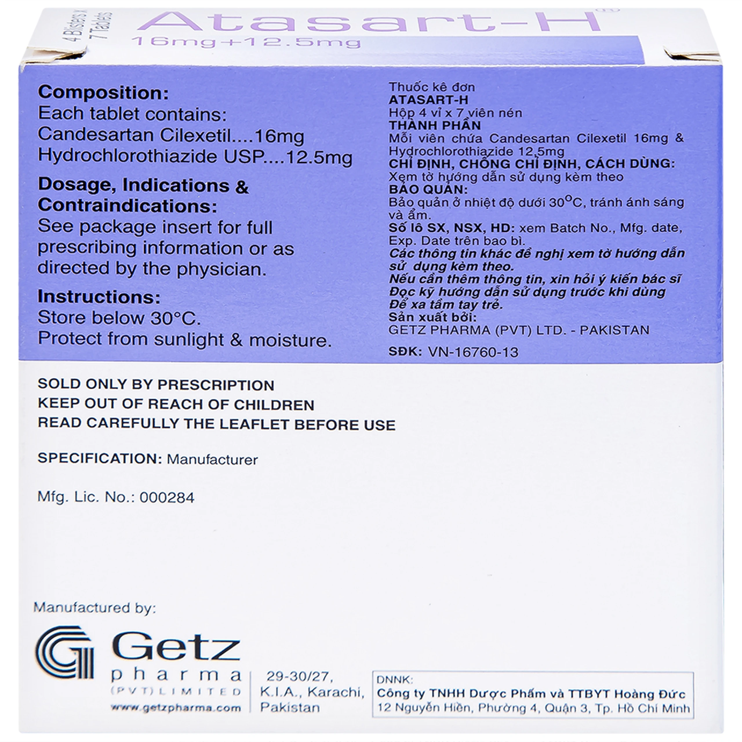 Thuốc Atasart-H 16mg/12.5mg Getz điều trị tăng huyết áp (4 vỉ x 7 viên)