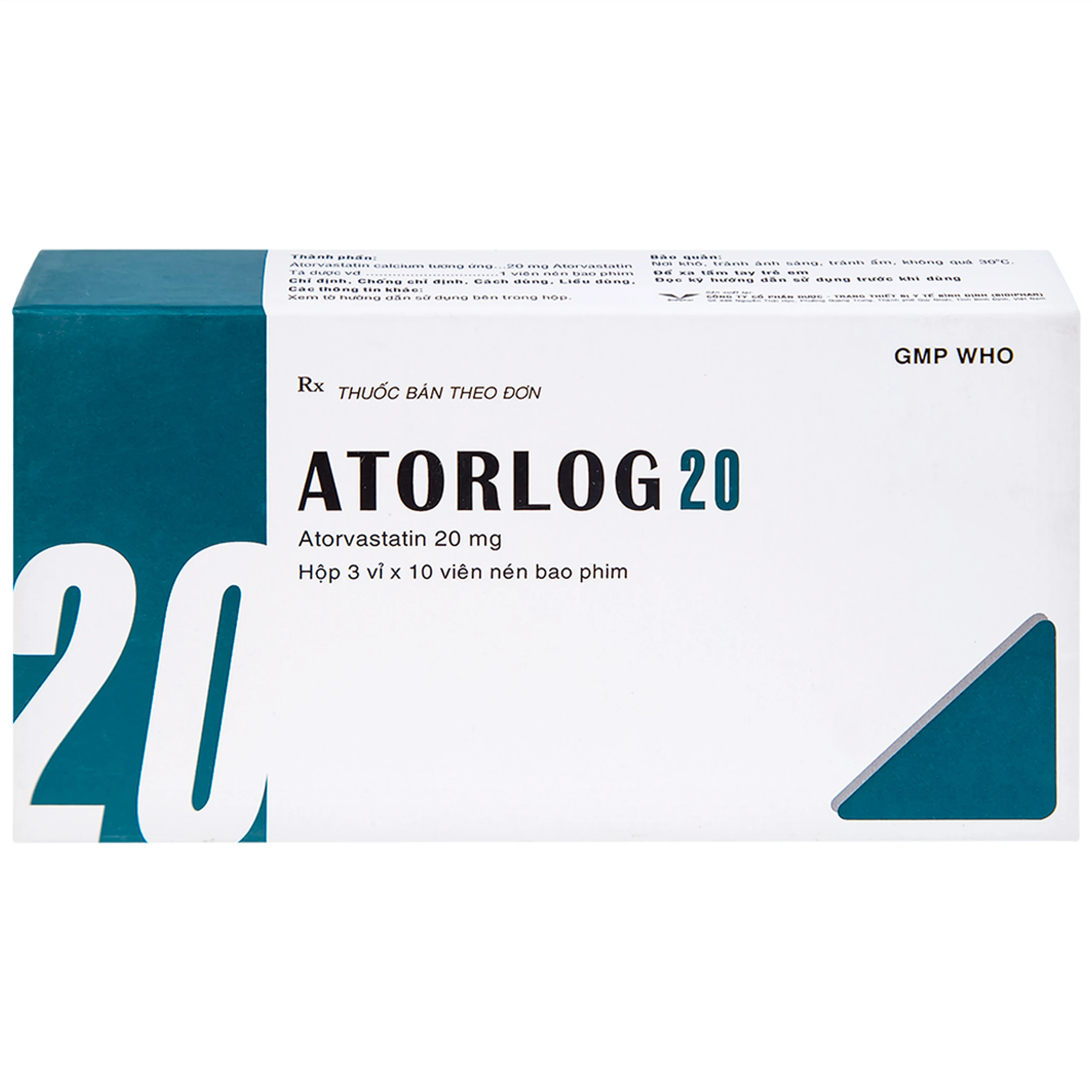 Thuốc Atorlog 20mg Bidiphar điều trị tăng cholesterol toàn phần và LDL-cholesterol (3 vỉ x 10 viên)