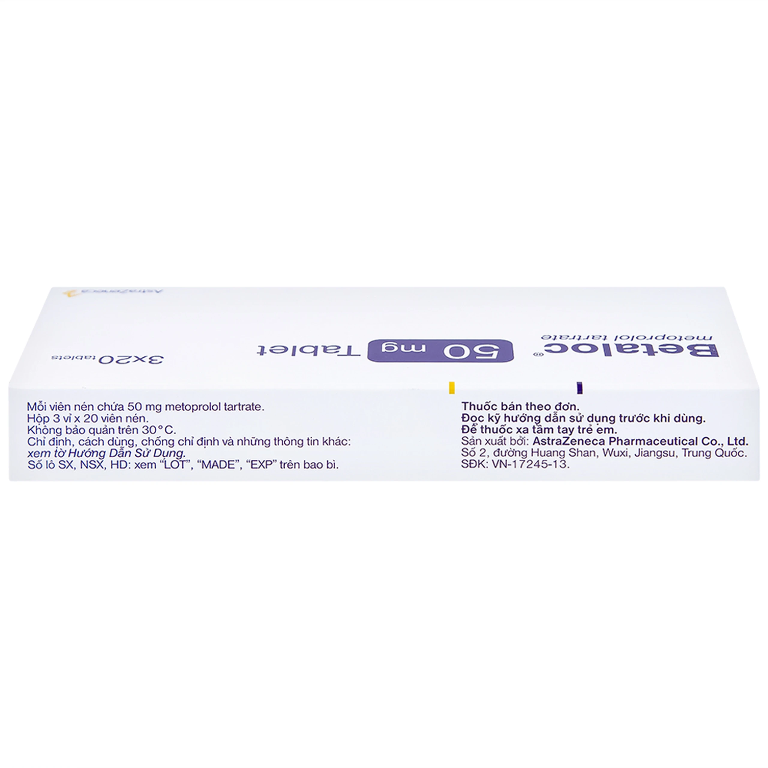 Thuốc Betaloc 50mg AstraZeneca điều trị tăng huyết áp, dự phòng đau thắt ngực (3 vỉ x 20 viên) 