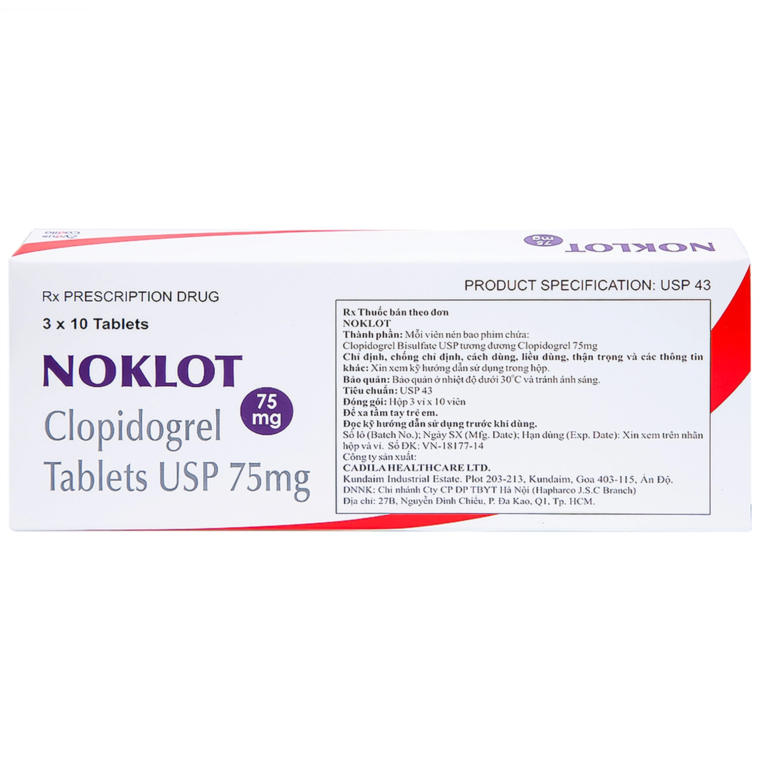 Viên nén Noklot 75mg Cadila phòng ngừa tai biến xơ vữa động mạch (3 vỉ x 10 viên)