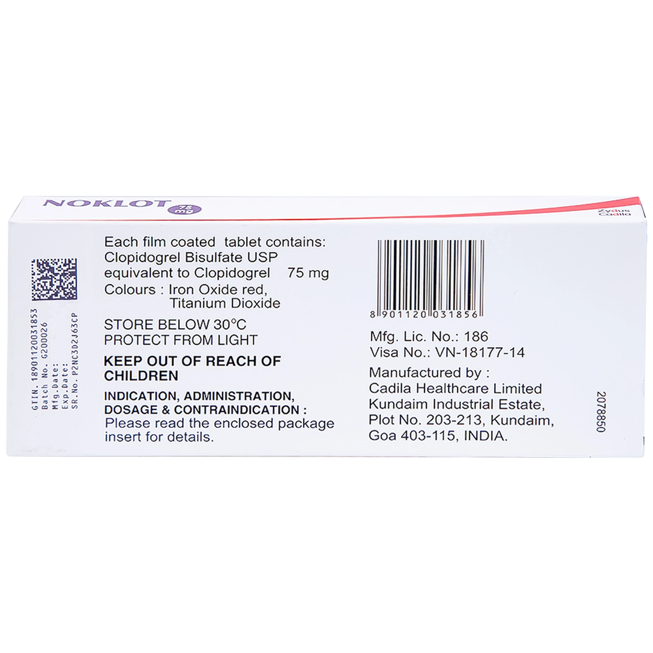 Viên nén Noklot 75mg Cadila phòng ngừa tai biến xơ vữa động mạch (3 vỉ x 10 viên)