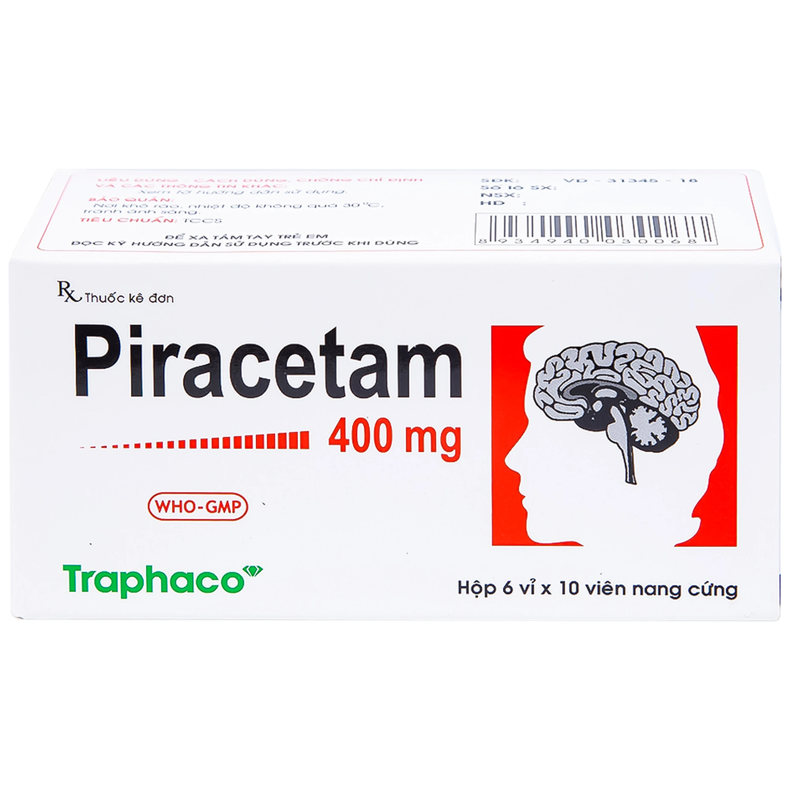 Viên nang cứng Piracetam 400mg Traphaco điều trị triệu chứng chóng mặt, suy giảm trí nhớ (6 vỉ x 10 viên) 