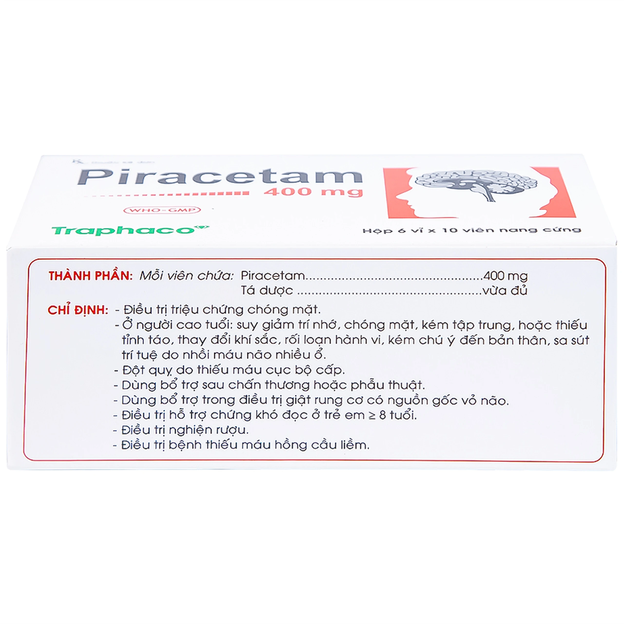 Viên nang cứng Piracetam 400mg Traphaco điều trị triệu chứng chóng mặt, suy giảm trí nhớ (6 vỉ x 10 viên) 