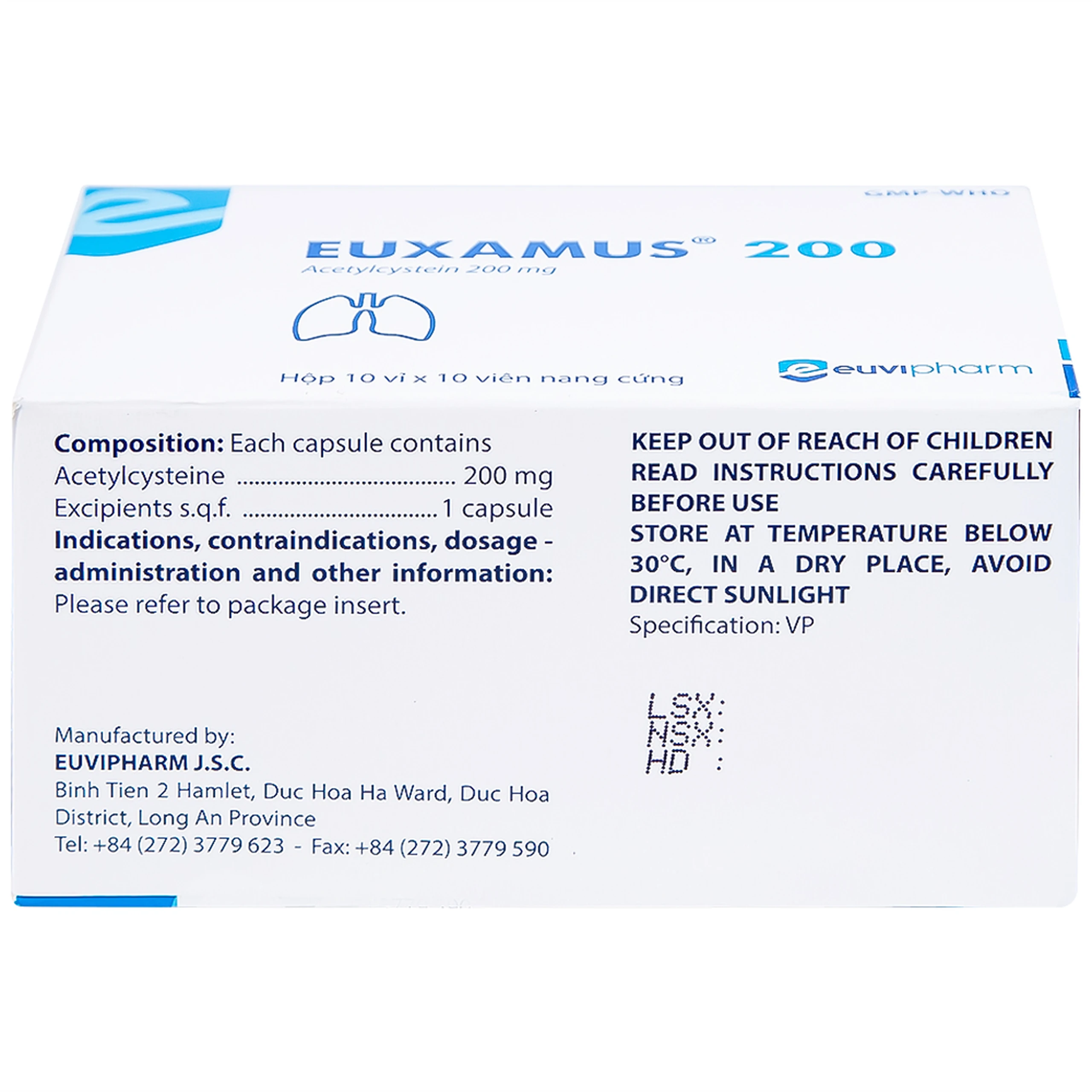 Thuốc Euxamus 200mg Euvipharm tiêu chất nhầy trong bệnh nhầy nhớt (10 vỉ x 10 viên)