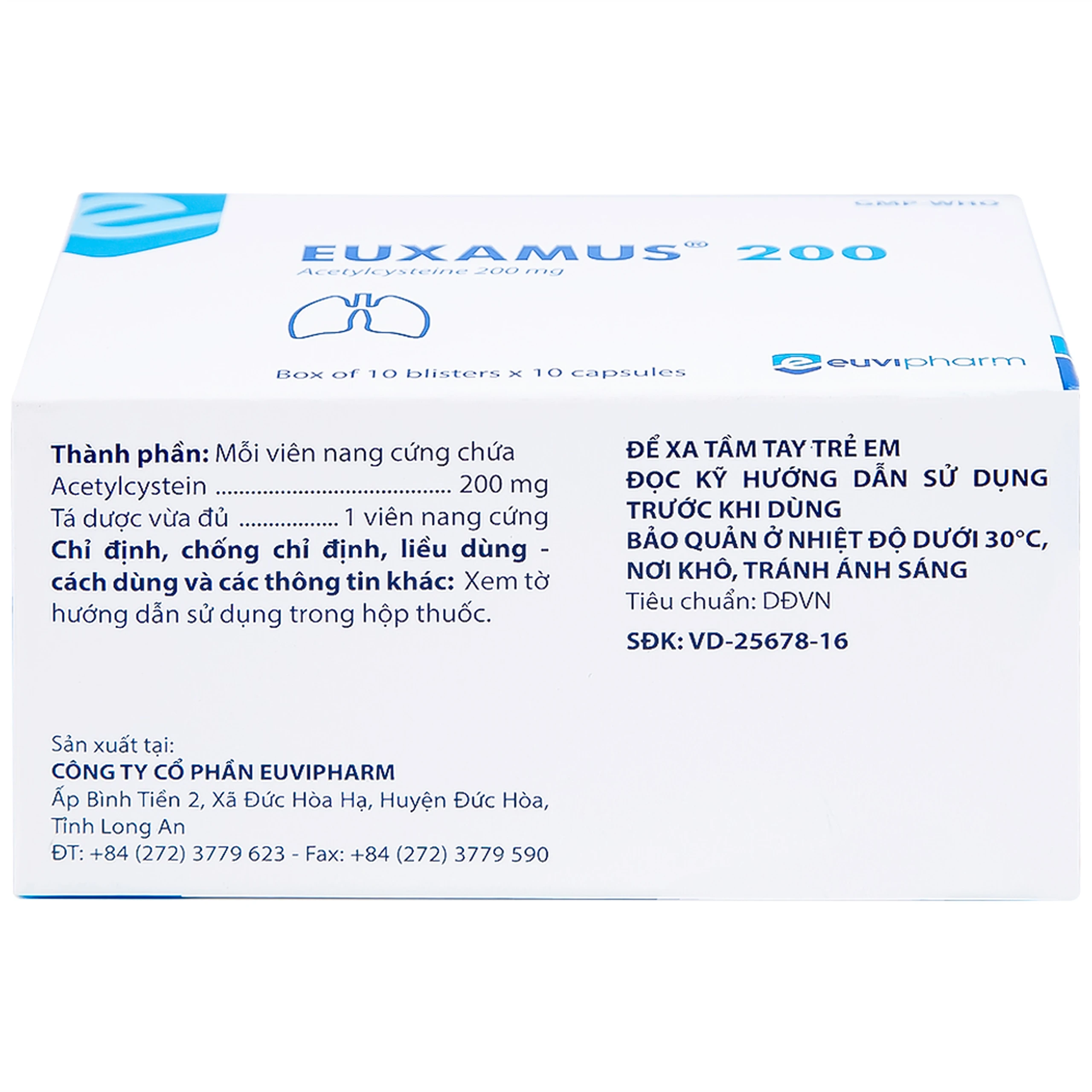 Thuốc Euxamus 200mg Euvipharm tiêu chất nhầy trong bệnh nhầy nhớt (10 vỉ x 10 viên)
