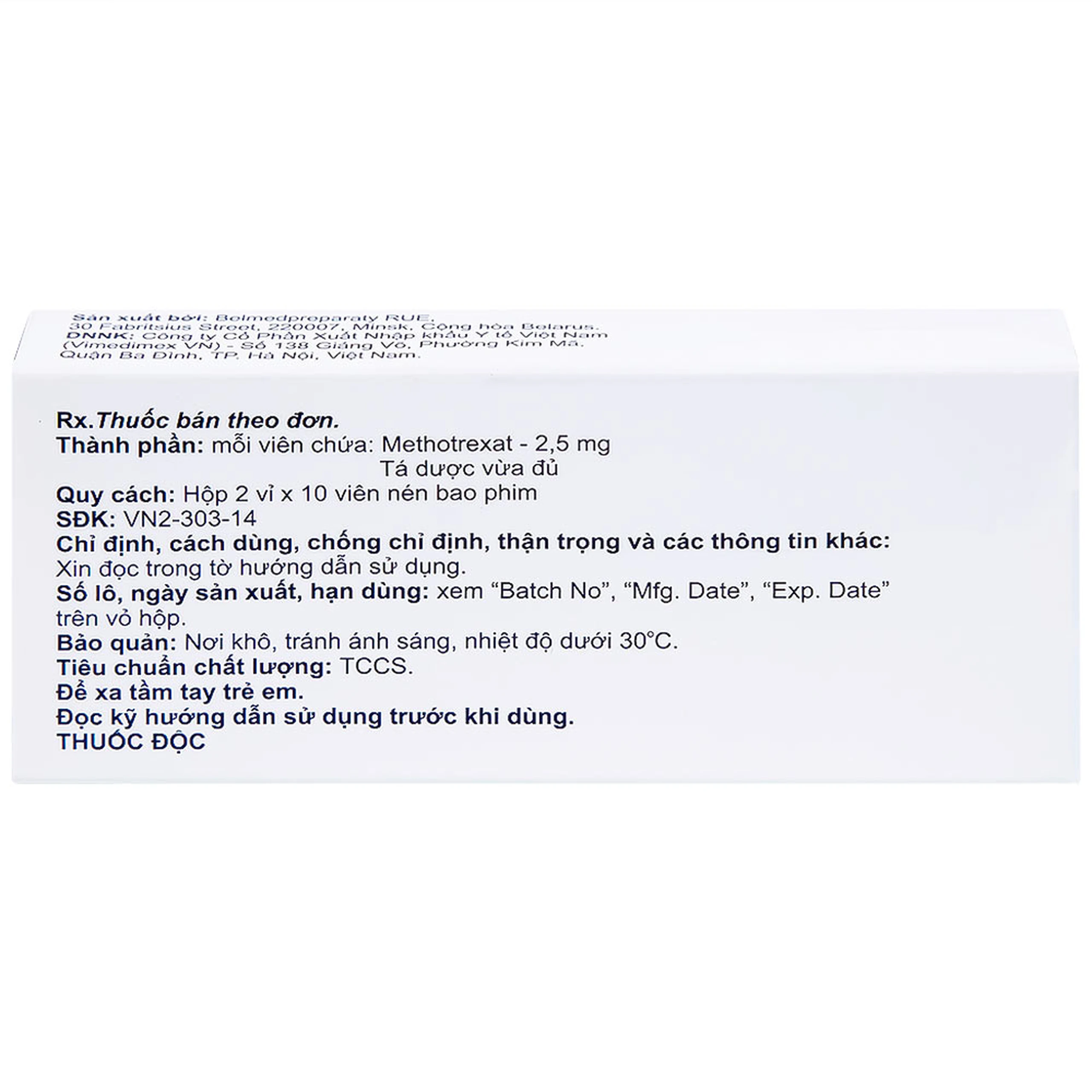 Thuốc Methotrexate Belmed 2.5mg điều trị bệnh vẩy nến, viêm khớp vảy nến, viêm khớp dạng thấp (20 viên)