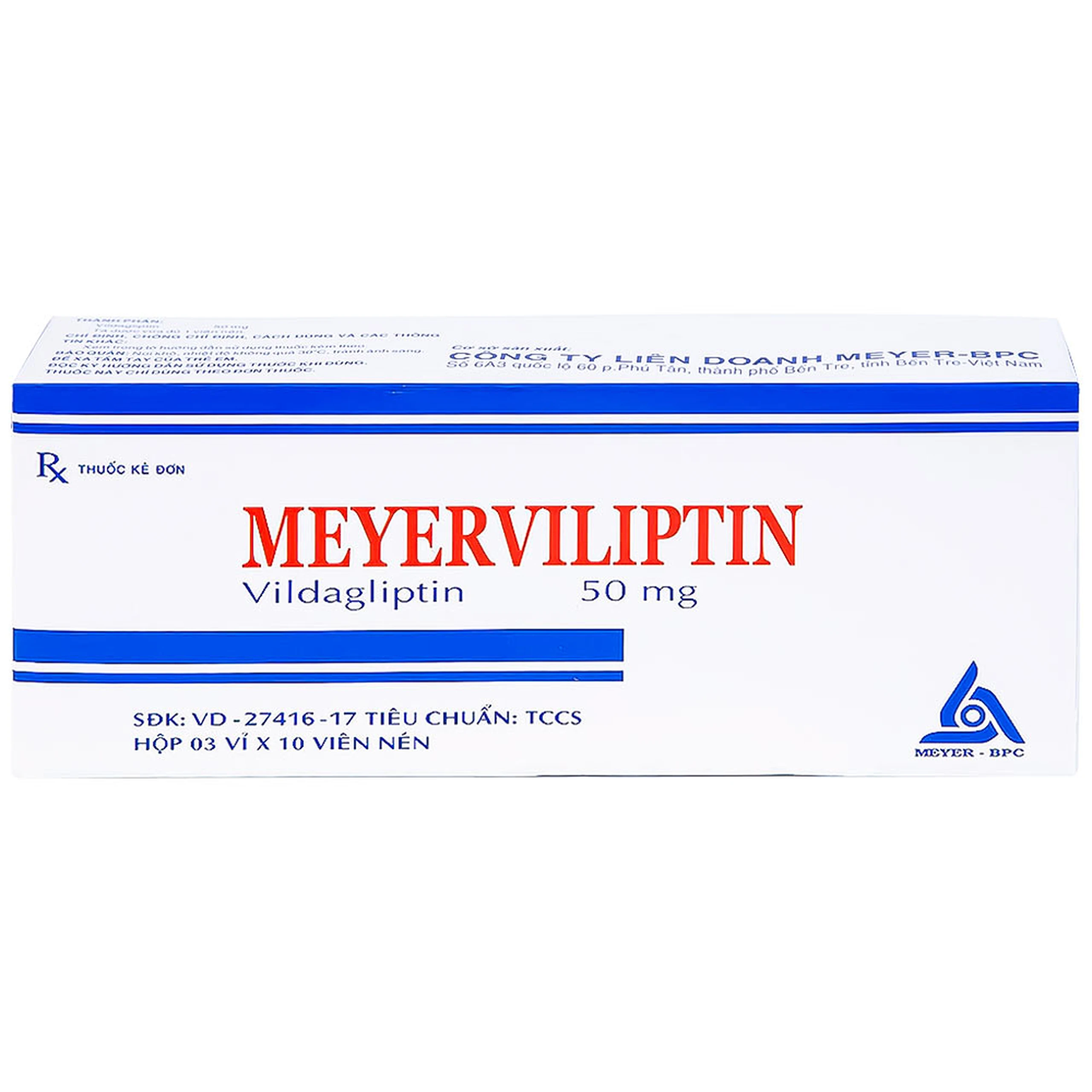 Viên nén Meyerviliptin 50mg Meyer-BPC hỗ trợ chế độ ăn kiêng, kiếm soát đường huyết (3 vỉ x 10 viên)