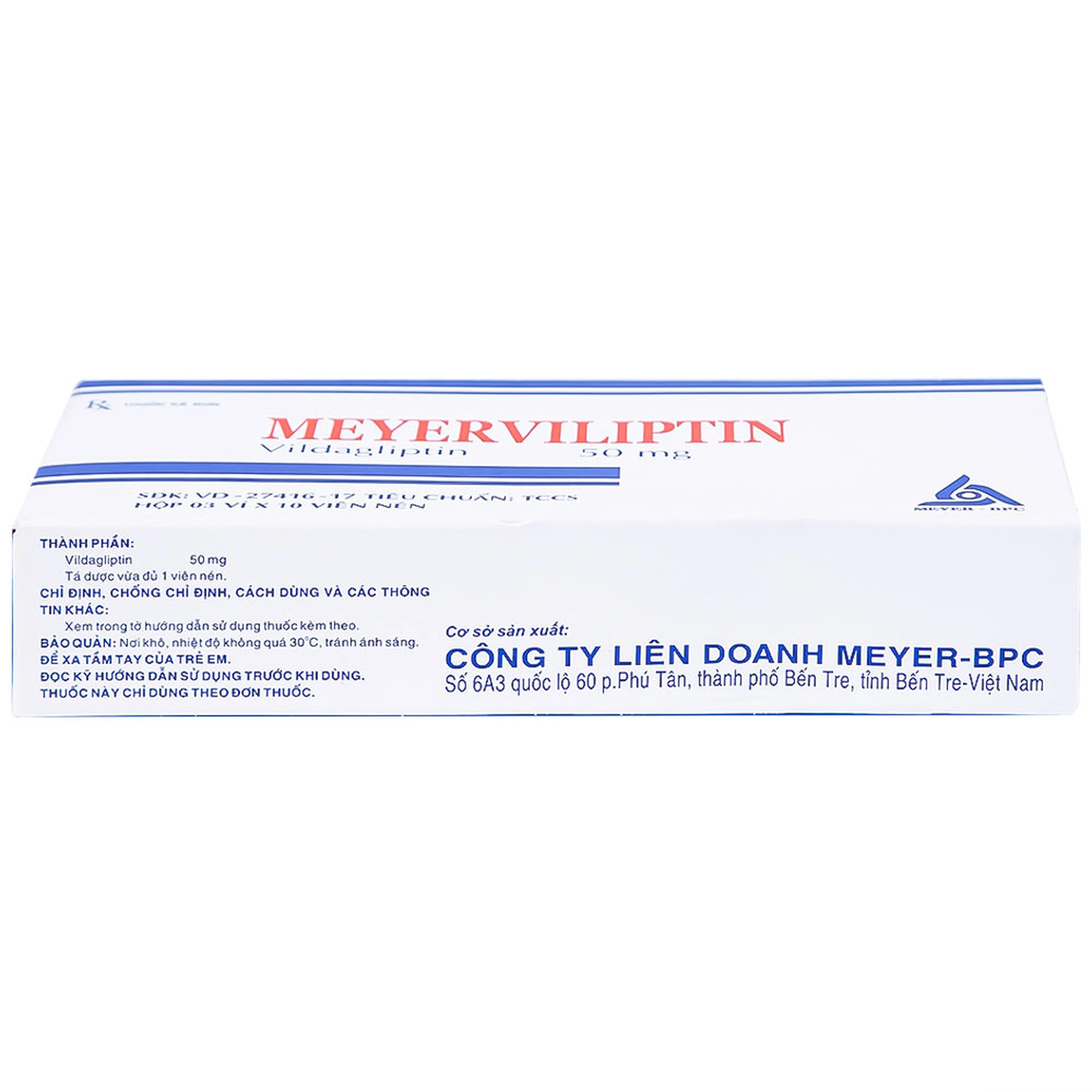Viên nén Meyerviliptin 50mg Meyer-BPC hỗ trợ chế độ ăn kiêng, kiếm soát đường huyết (3 vỉ x 10 viên)