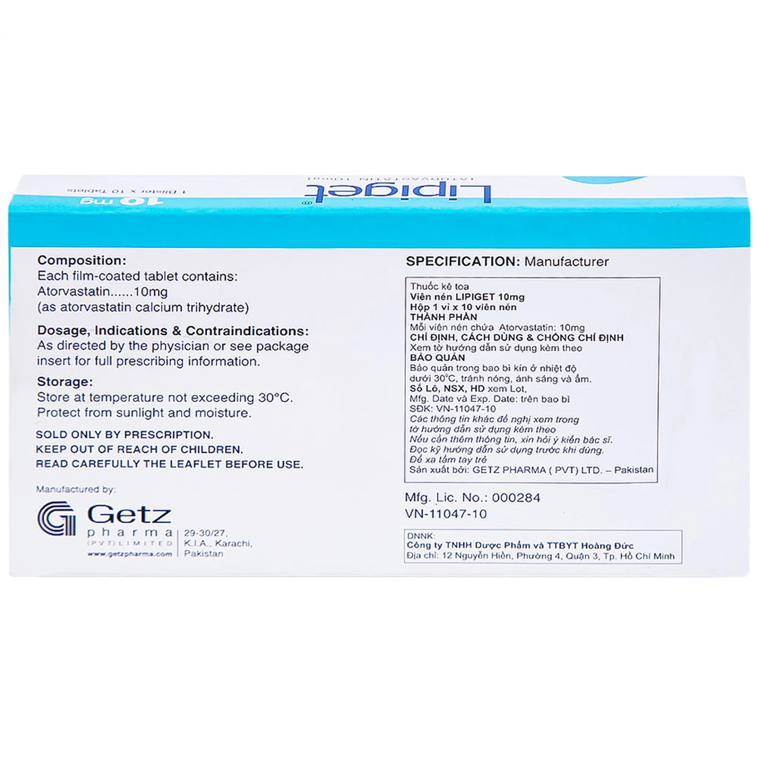 Viên nén Lipiget 10mg Getz hỗ trợ chế độ ăn kiêng trong giảm cholesterol toàn phần (1 vỉ x 10 viên)