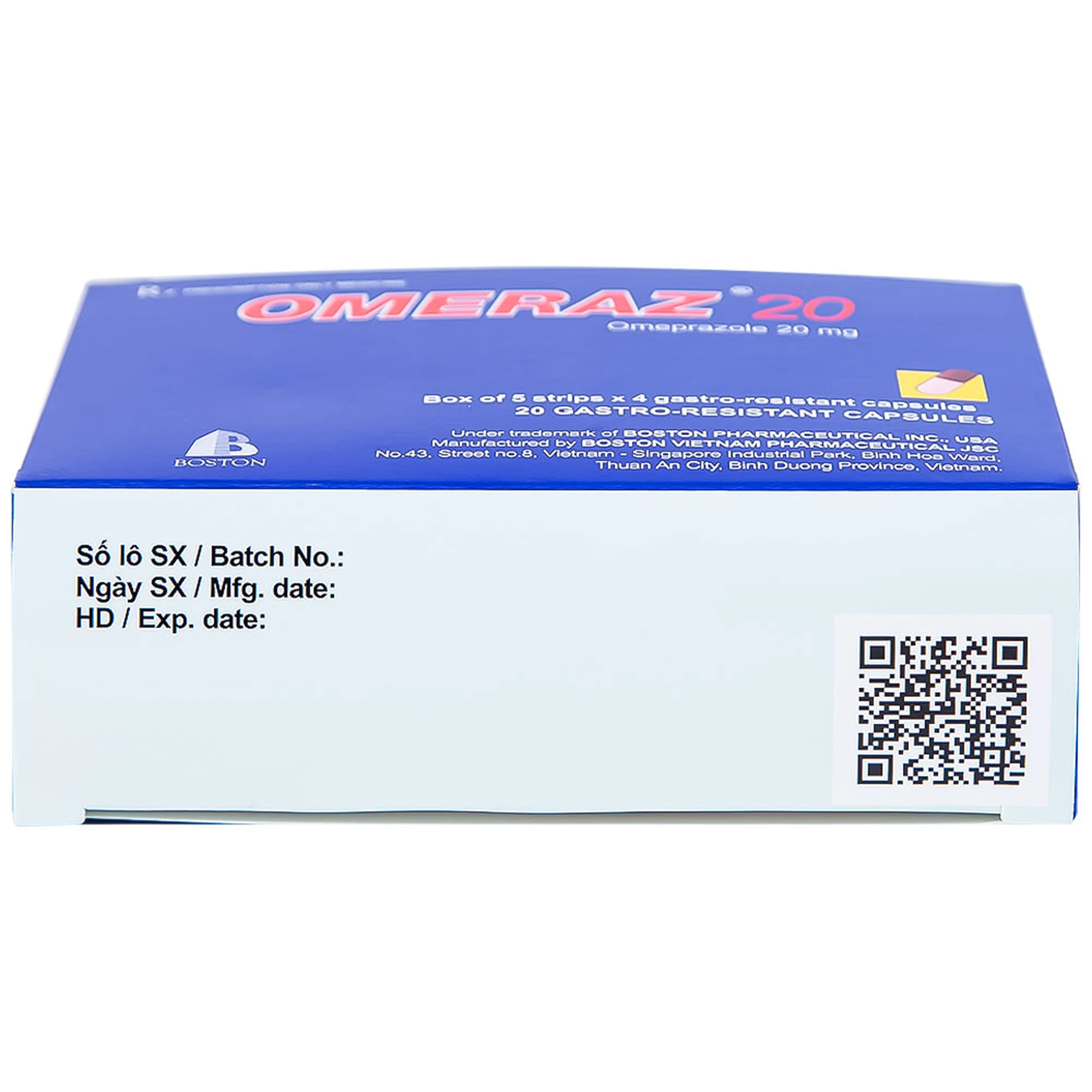 Viên nang Omeraz 20 Boston điều trị và dự phòng tái phát loét dạ dày, tá tràng (5 vỉ x 4 viên) 