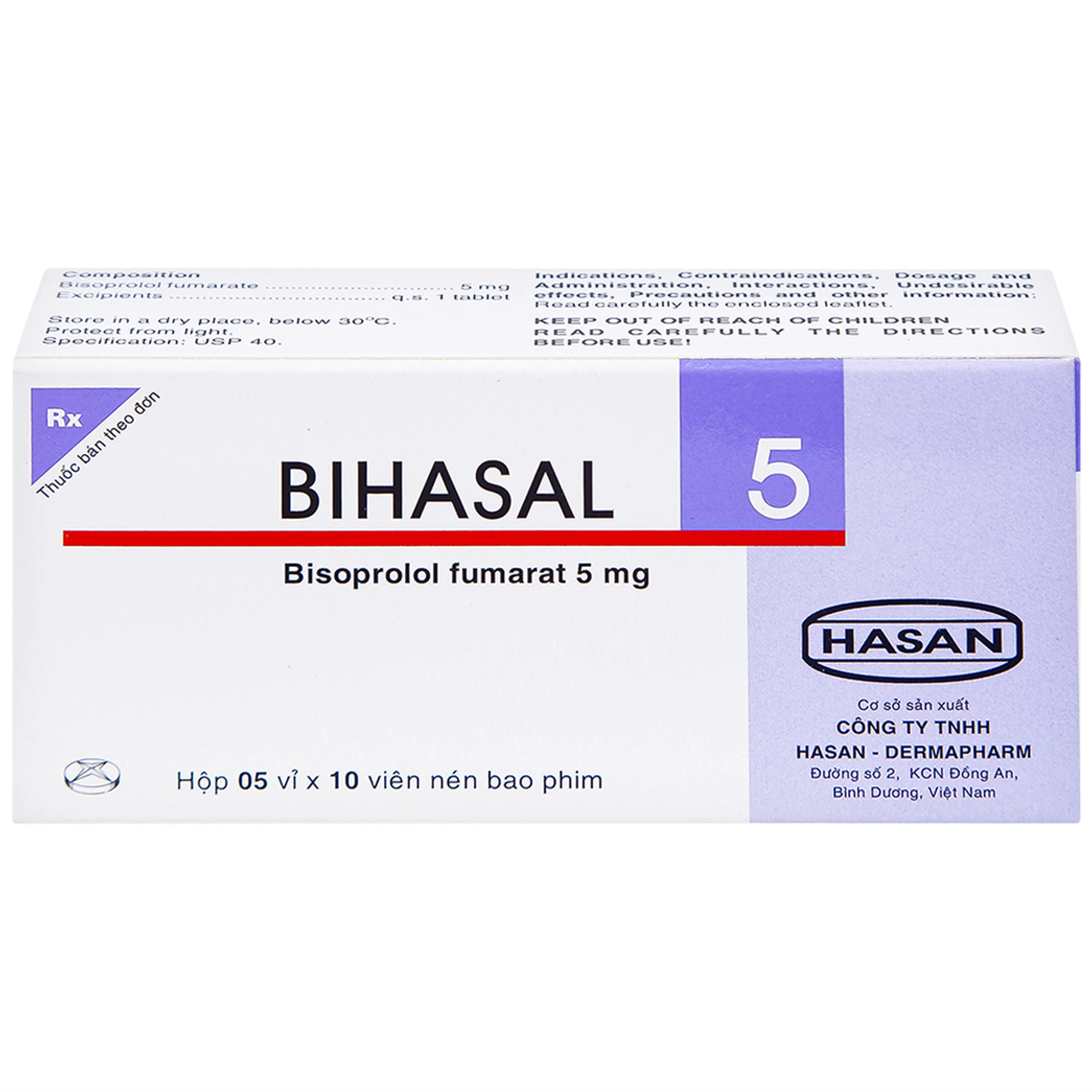 Thuốc Bihasal 5mg Hasan điều trị tăng huyết áp, đau thắt ngực, suy tim mạn tính ổn định (5 vỉ x 10 viên)