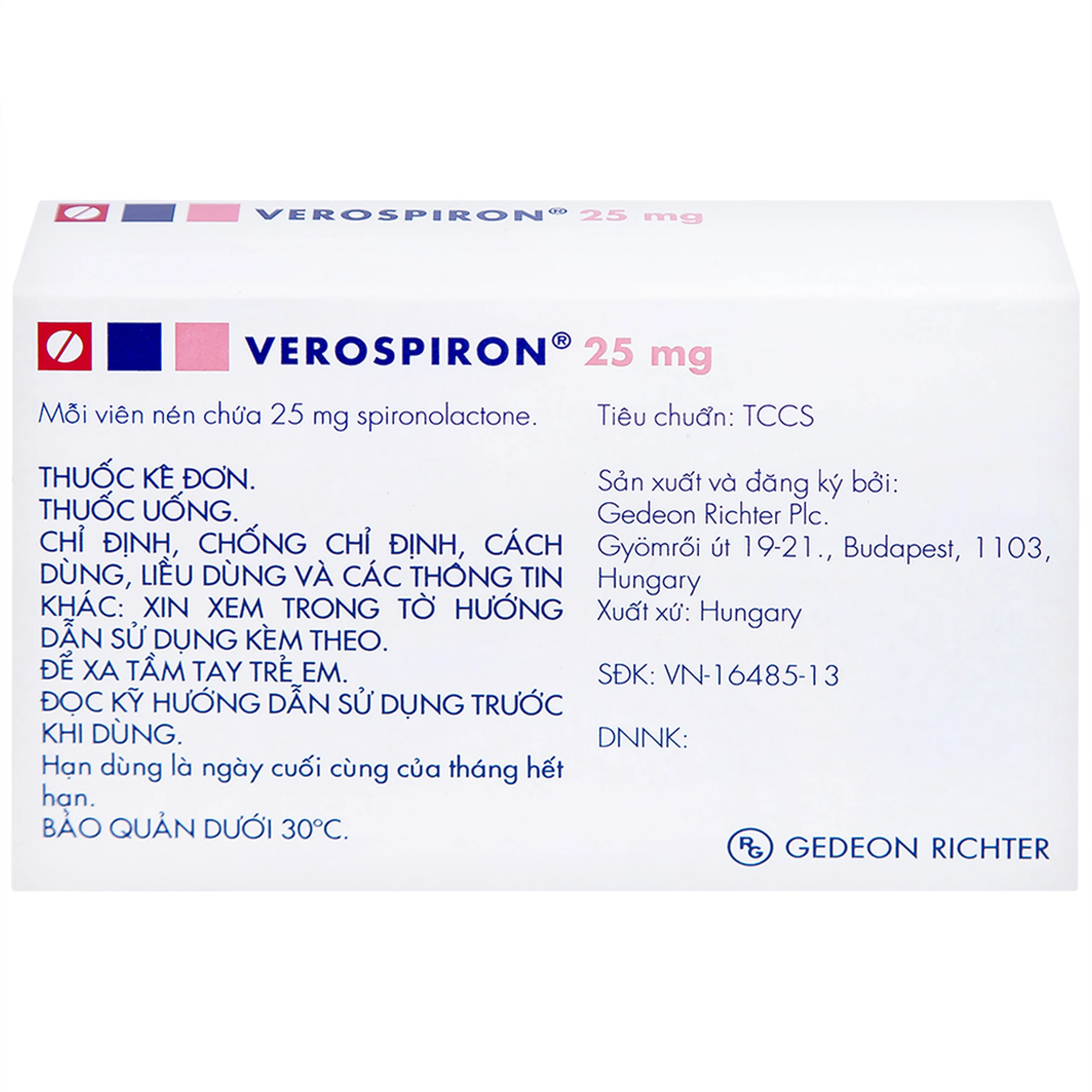 Thuốc Verospiron 25mg Gedeon điều trị phù, tăng huyết áp, cường aldosterone tiên phát và giảm kali huyết (1 vỉ x 20 viên)