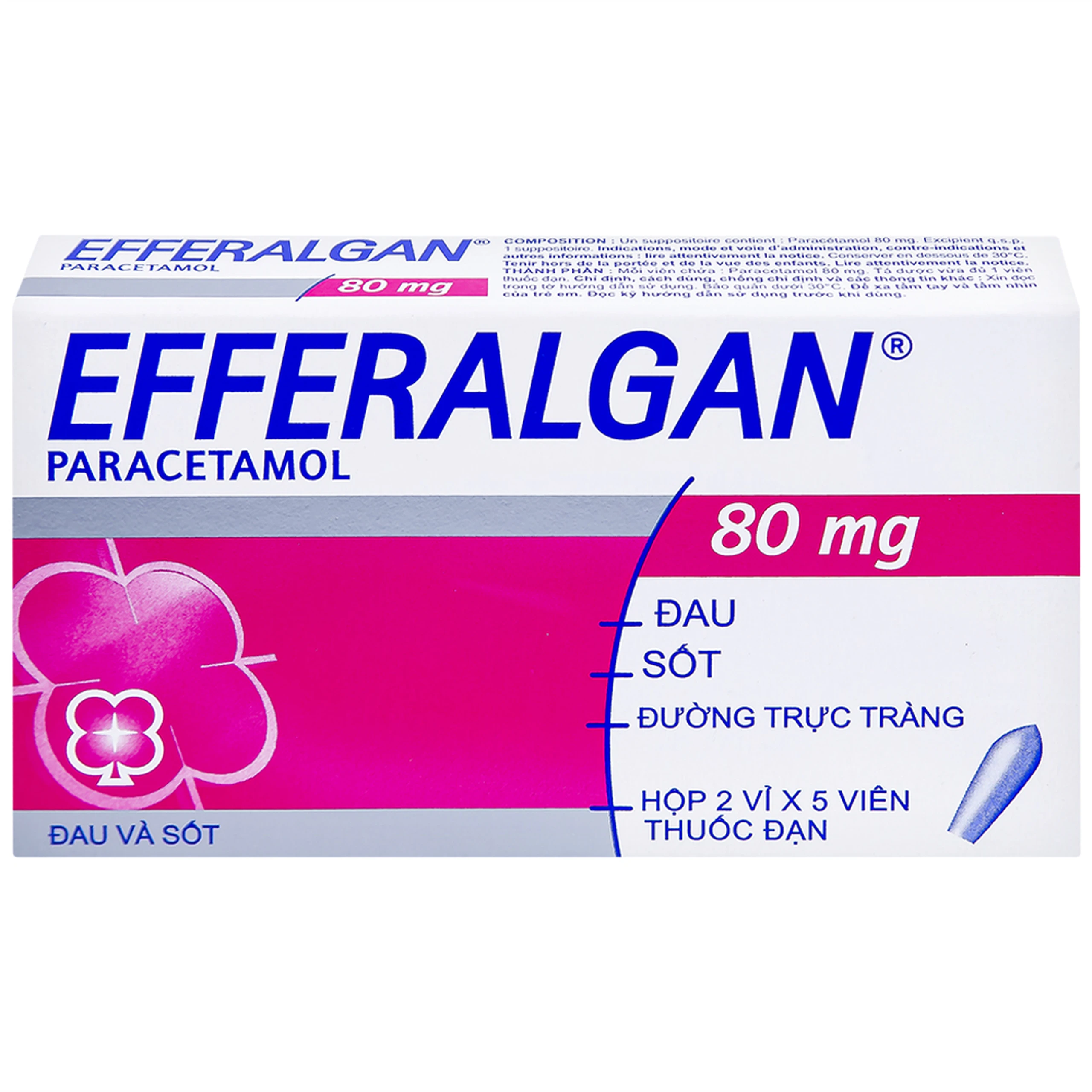 Thuốc đạn Efferalgan 80mg UPSA SAS giảm đau, hạ sốt (2 vỉ x 5 viên)