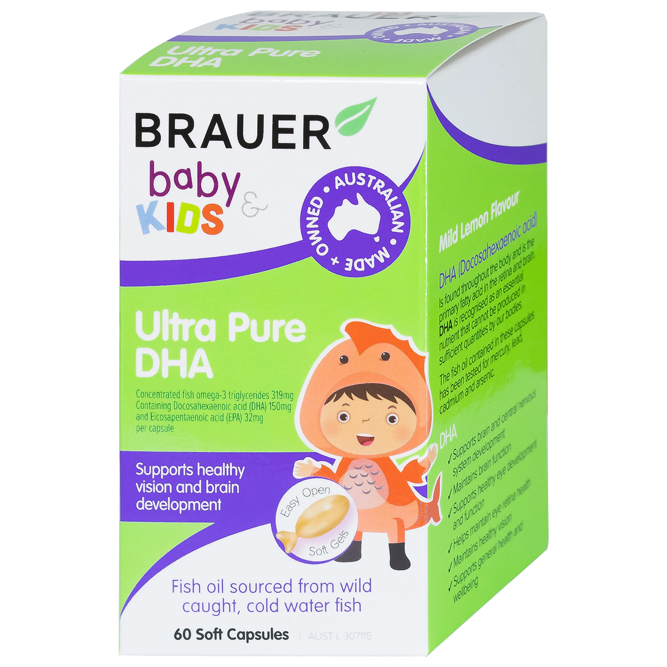 Viên hỗ trợ phát triển não bộ sức khỏe cho mắt Brauer Baby & Kids Ultra Pure DHA (60 viên)